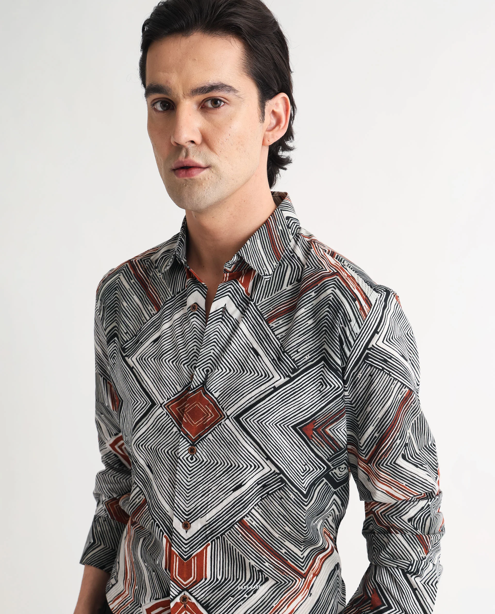 Rare Rabbit Men's Sart Brown Cotton Geometric Print Regular Fit Full Sleeve Collared Shirt - Image 7