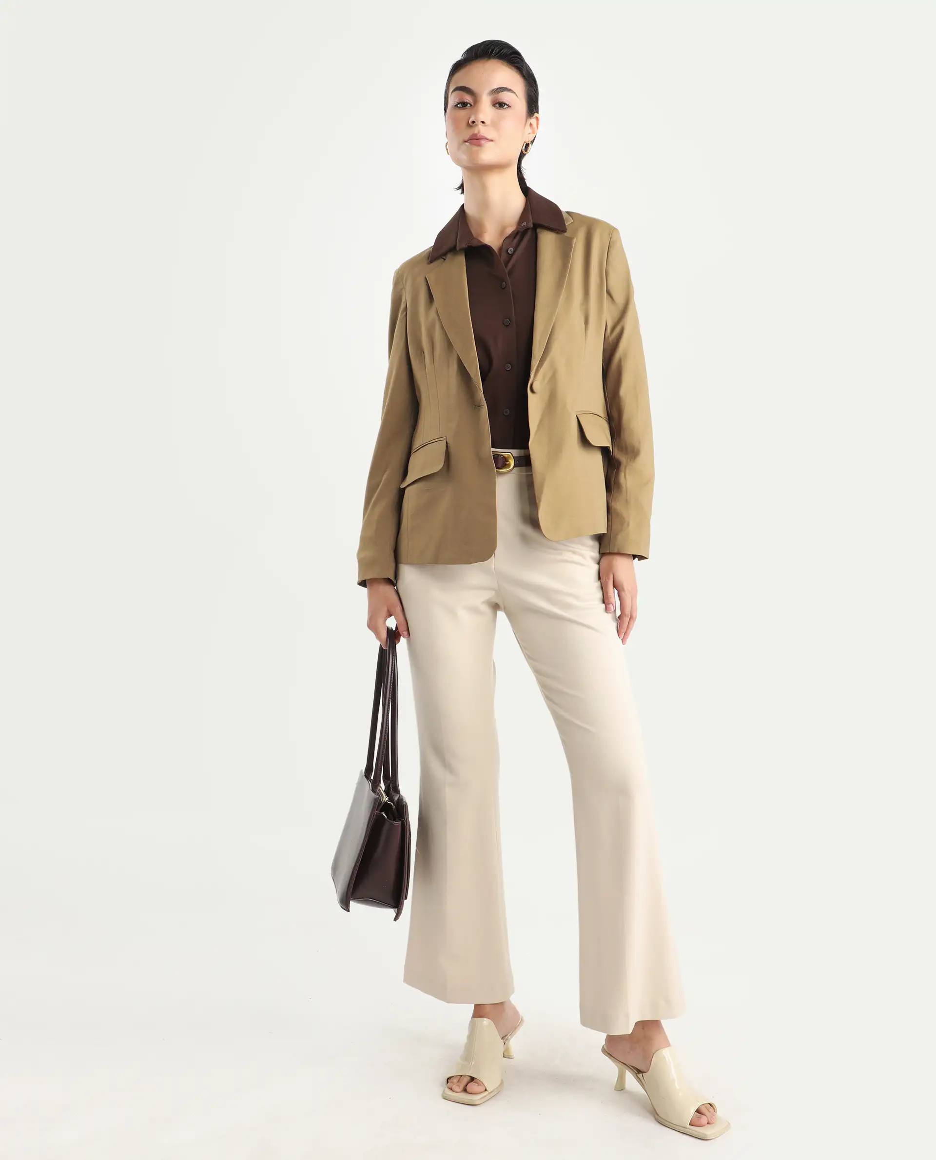 Rareism Women's Sarvi Dark Khaki Polyester Lapel Neck Plain Regular Fit Blazer - Image 2