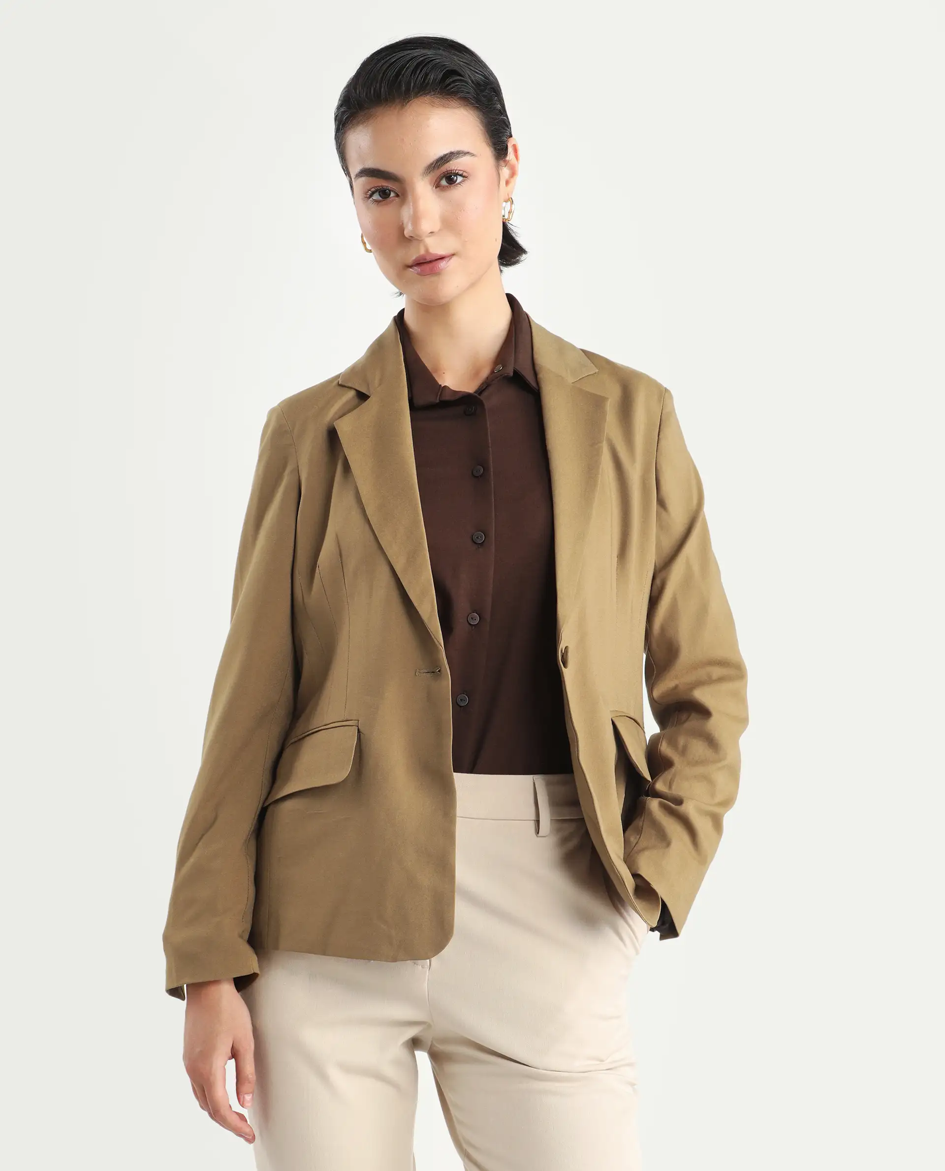 Rareism Women's Sarvi Dark Khaki Polyester Lapel Neck Plain Regular Fit Blazer - Image 3