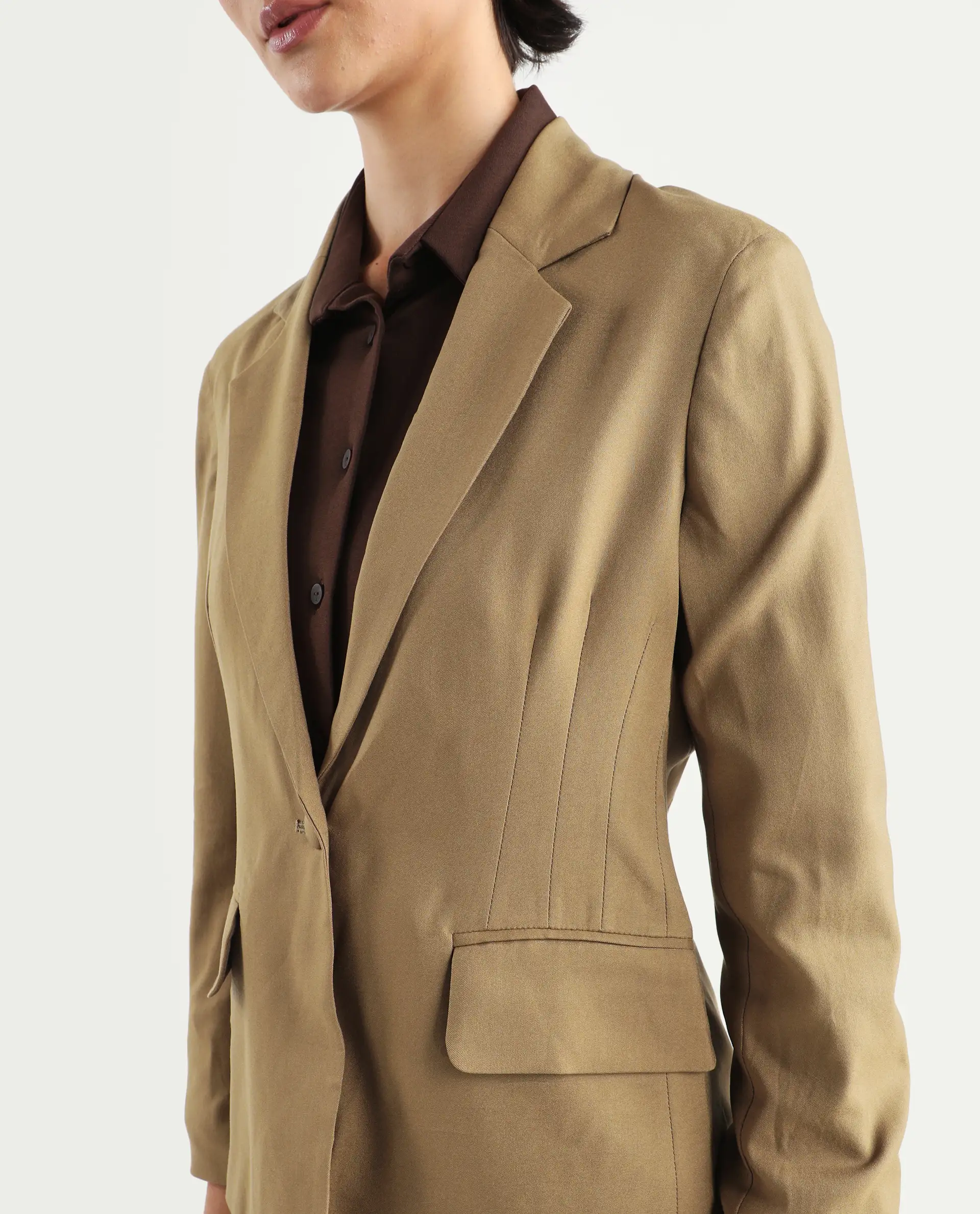 Rareism Women's Sarvi Dark Khaki Polyester Lapel Neck Plain Regular Fit Blazer - Image 4