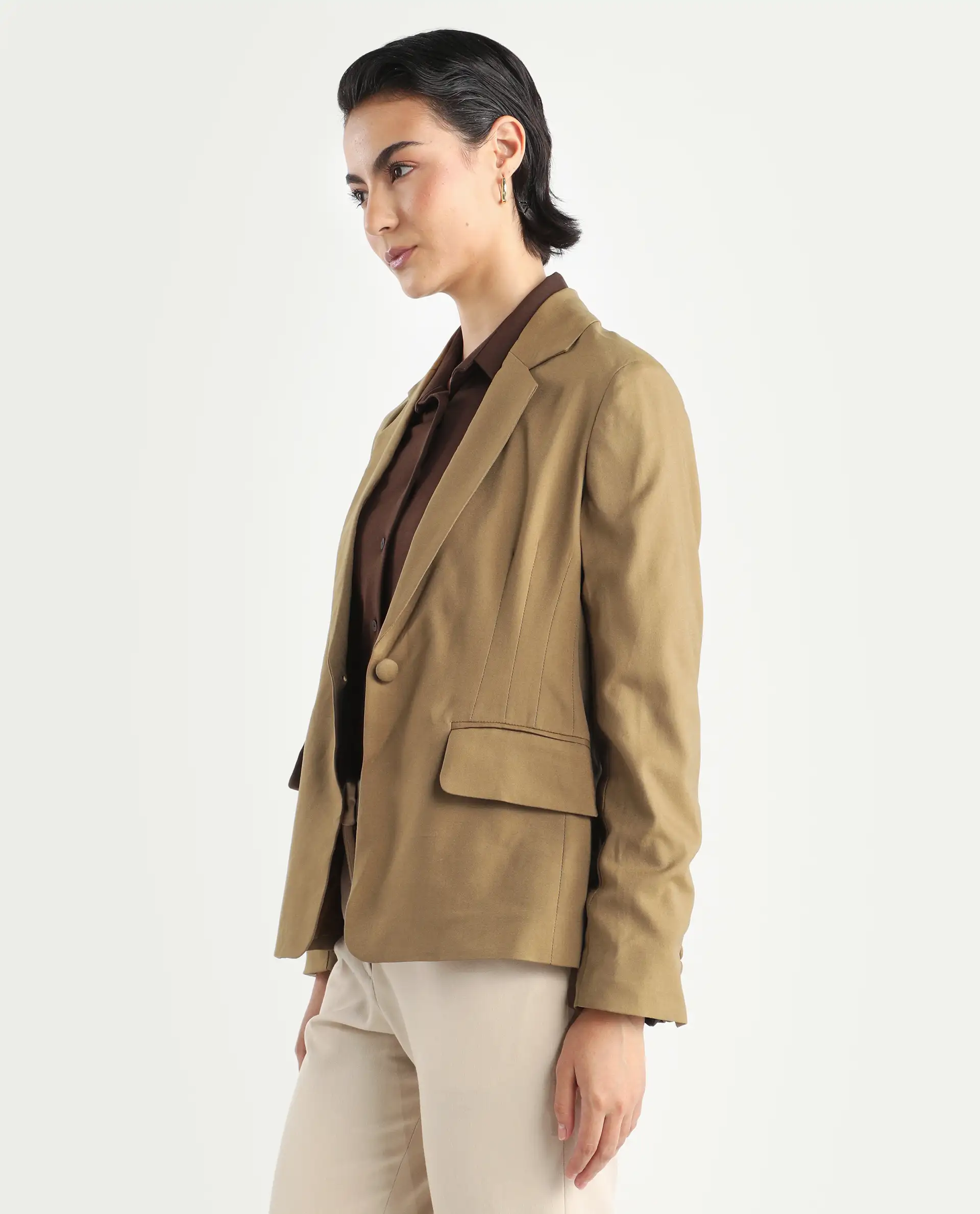 Rareism Women's Sarvi Dark Khaki Polyester Lapel Neck Plain Regular Fit Blazer - Image 5