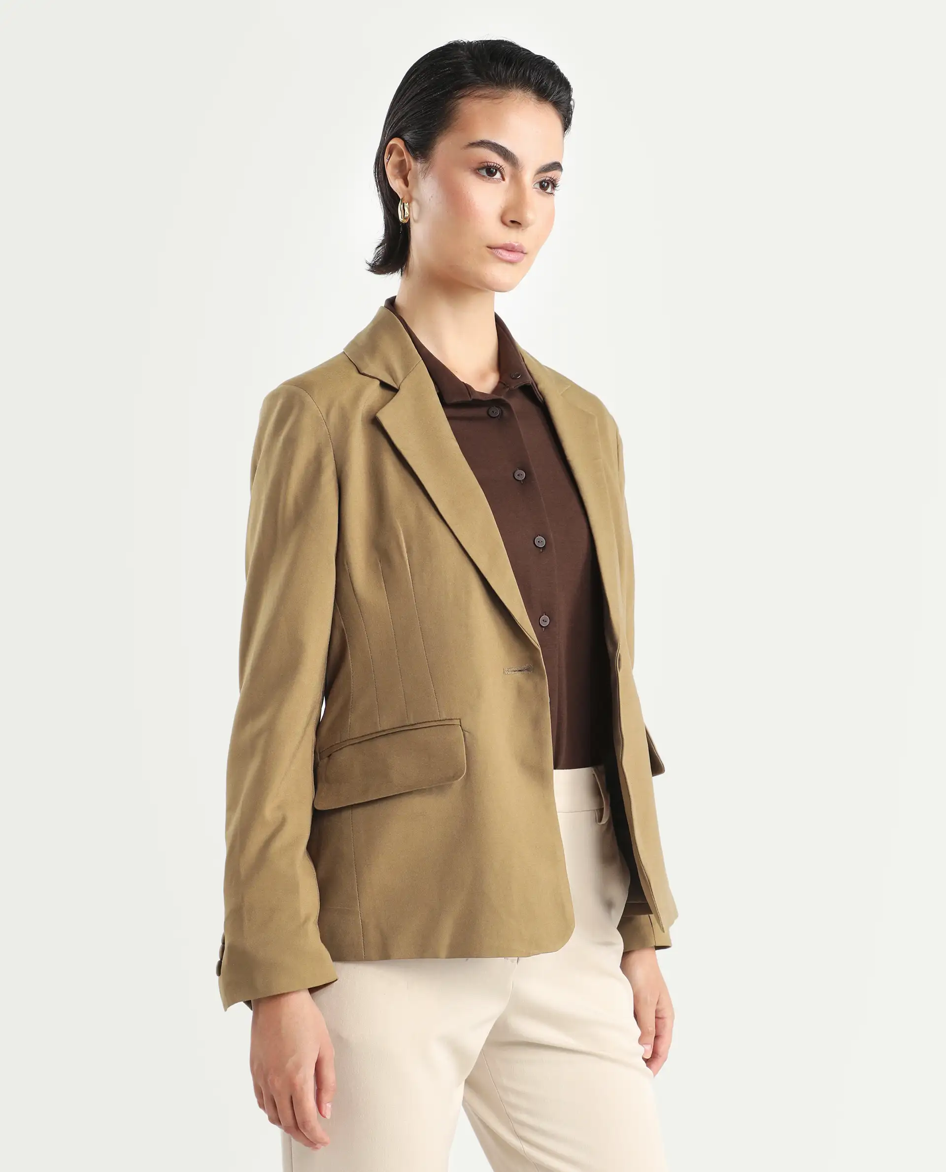 Rareism Women's Sarvi Dark Khaki Polyester Lapel Neck Plain Regular Fit Blazer - Image 6