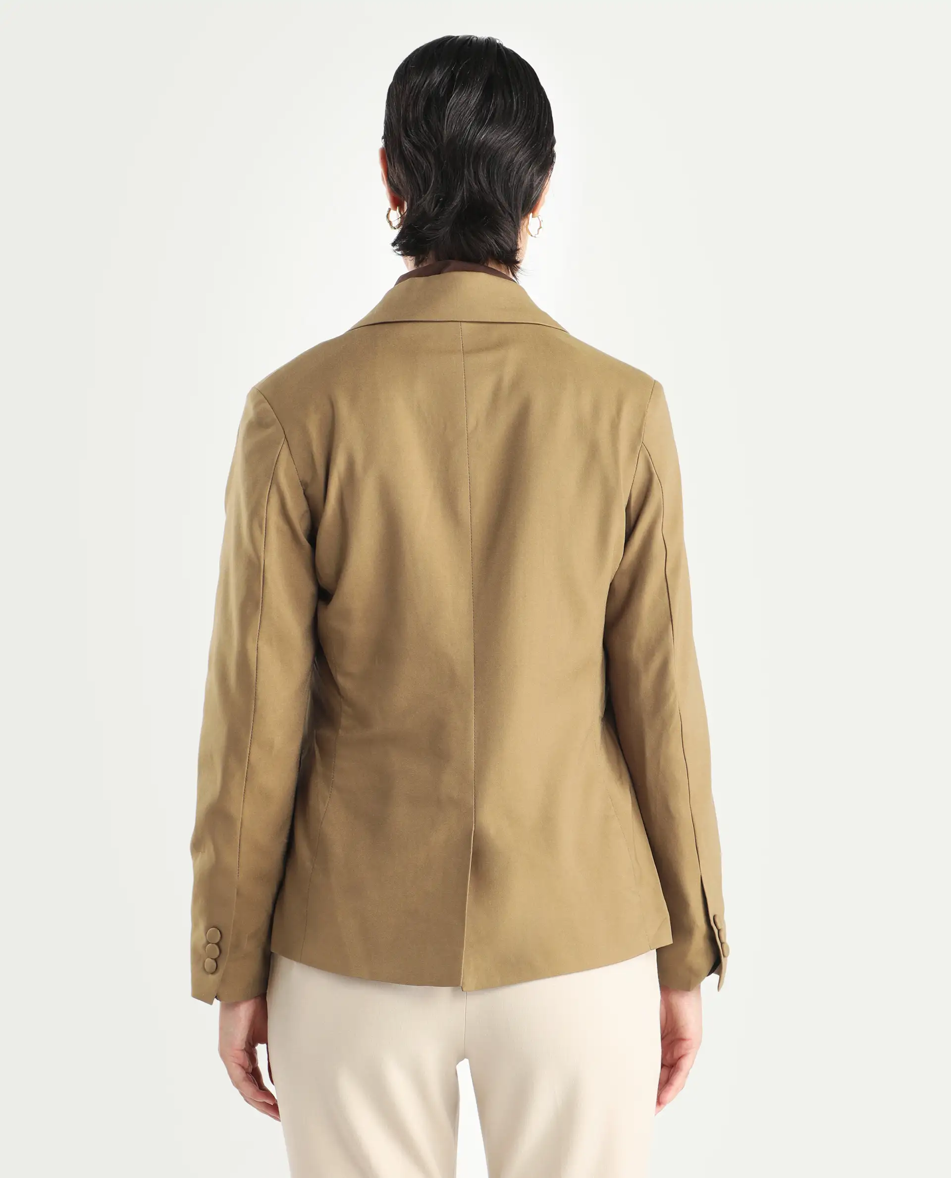 Rareism Women's Sarvi Dark Khaki Polyester Lapel Neck Plain Regular Fit Blazer - Image 7