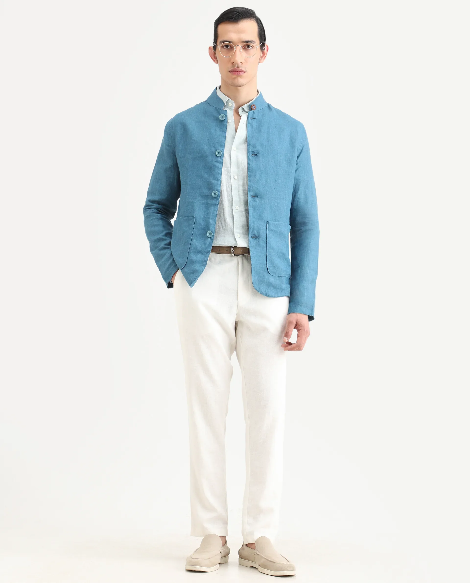 Rare Rabbit Men's Sash Blue Plain Relaxed Fit Full Sleeve Mandarin Collar Jacket - Image 2