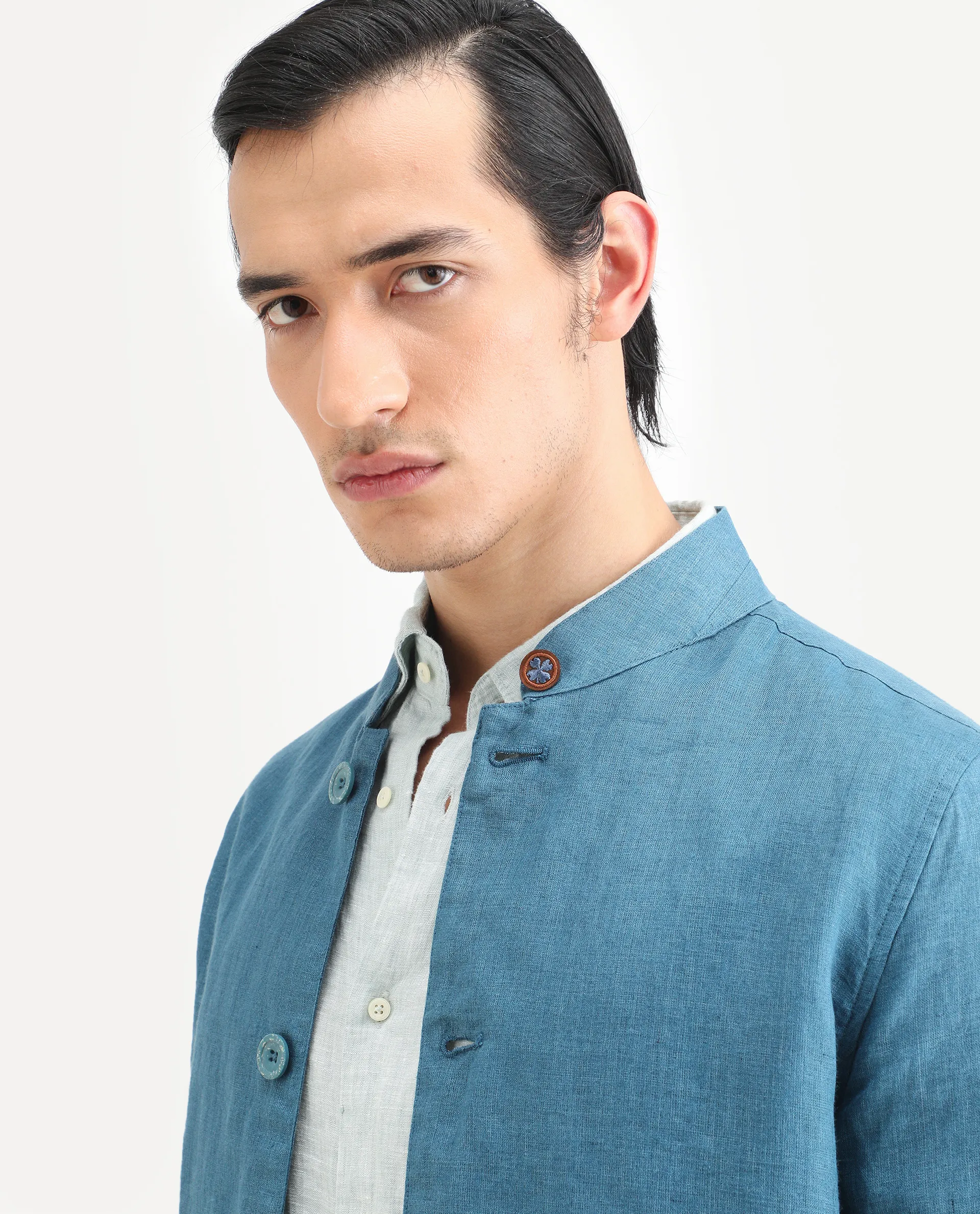 Rare Rabbit Men's Sash Blue Plain Relaxed Fit Full Sleeve Mandarin Collar Jacket - Image 3