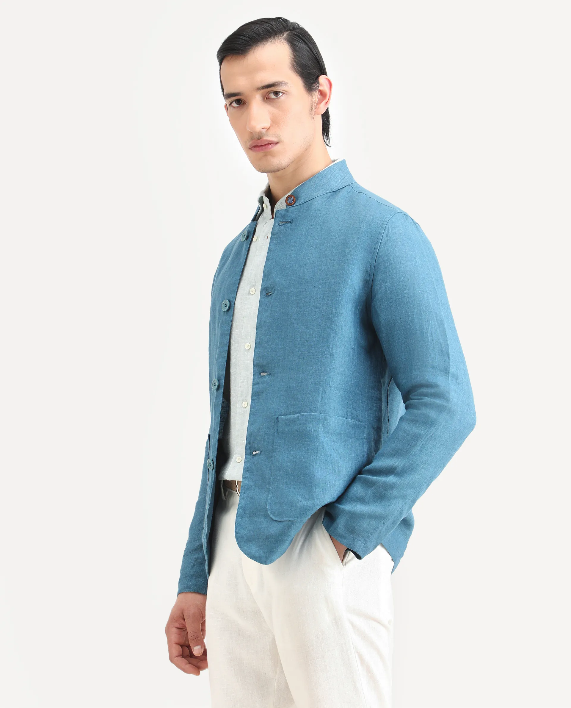 Rare Rabbit Men's Sash Blue Plain Relaxed Fit Full Sleeve Mandarin Collar Jacket - Image 4