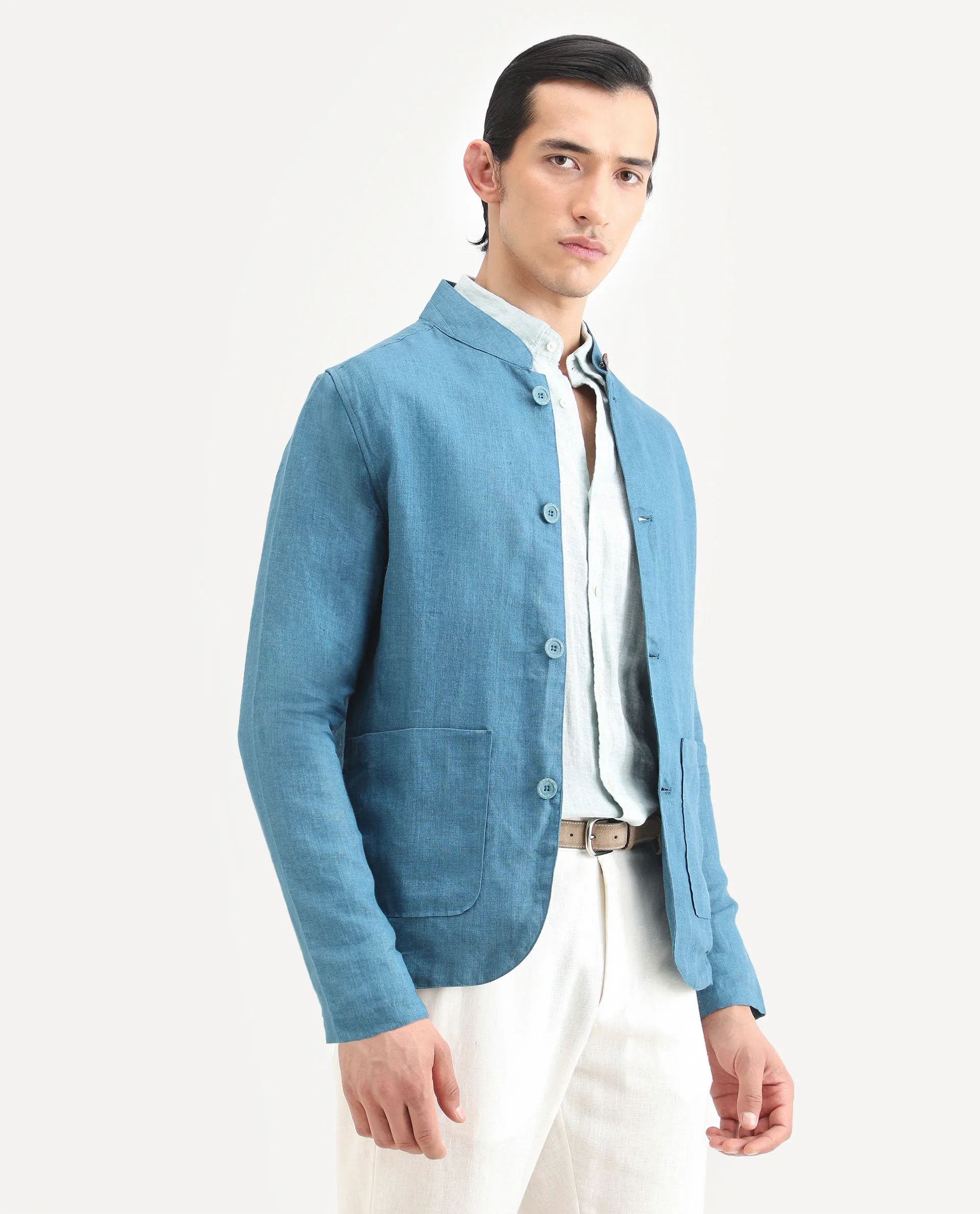Rare Rabbit Men's Sash Blue Plain Relaxed Fit Full Sleeve Mandarin Collar Jacket - Image 5