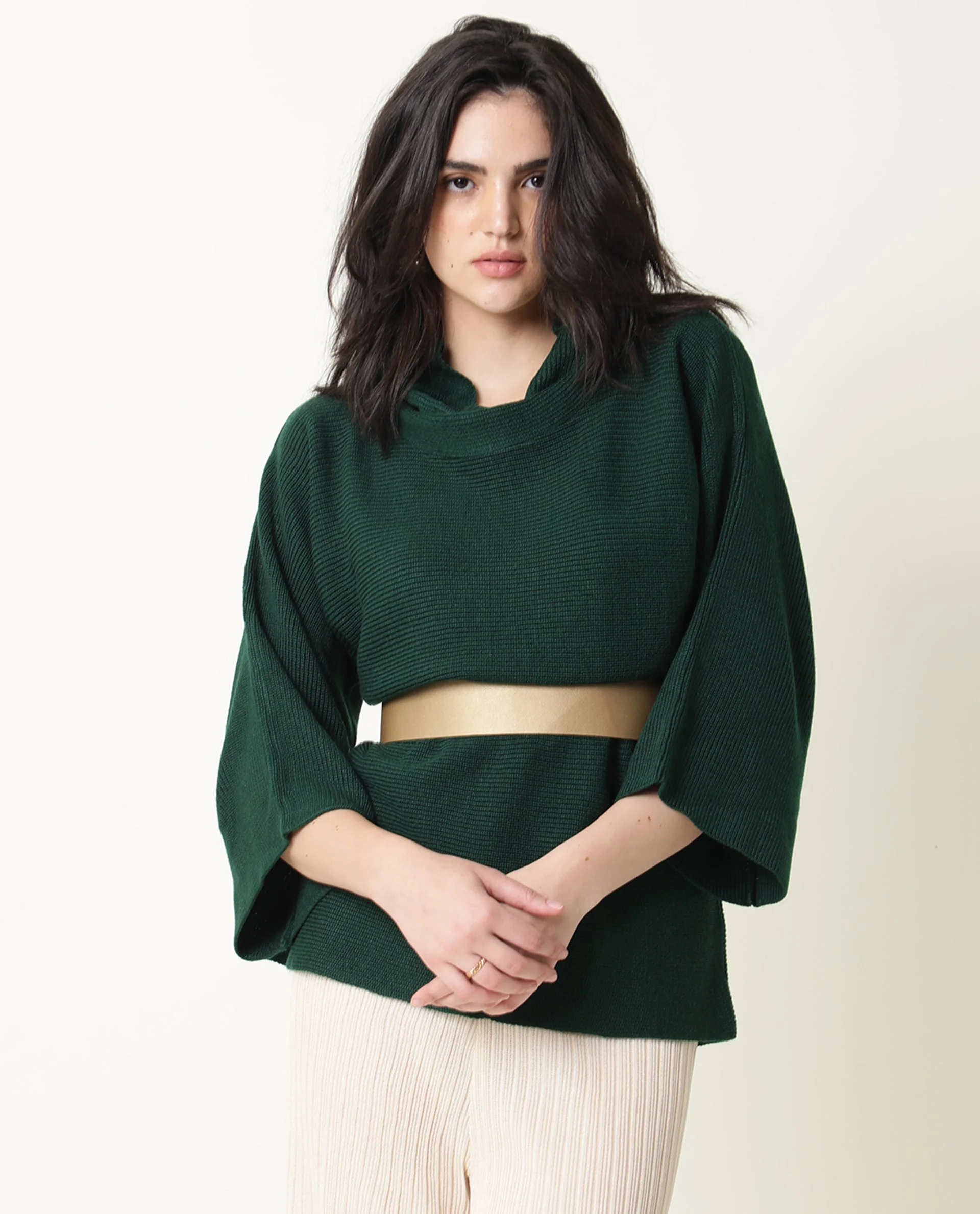 Rareism Women's Sasho Green Acrylic Cowl Neck Plain Relaxed Fit Sweater