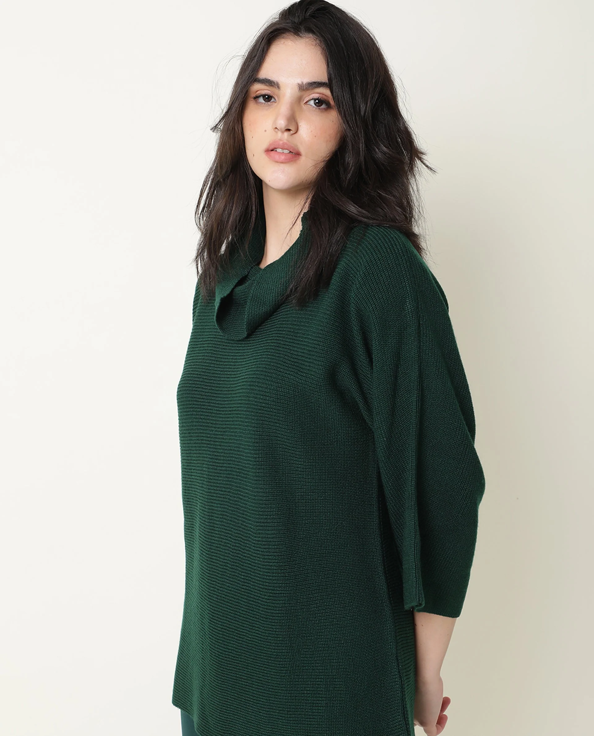 Rareism Women's Sasho Green Acrylic Cowl Neck Plain Relaxed Fit Sweater - Image 10