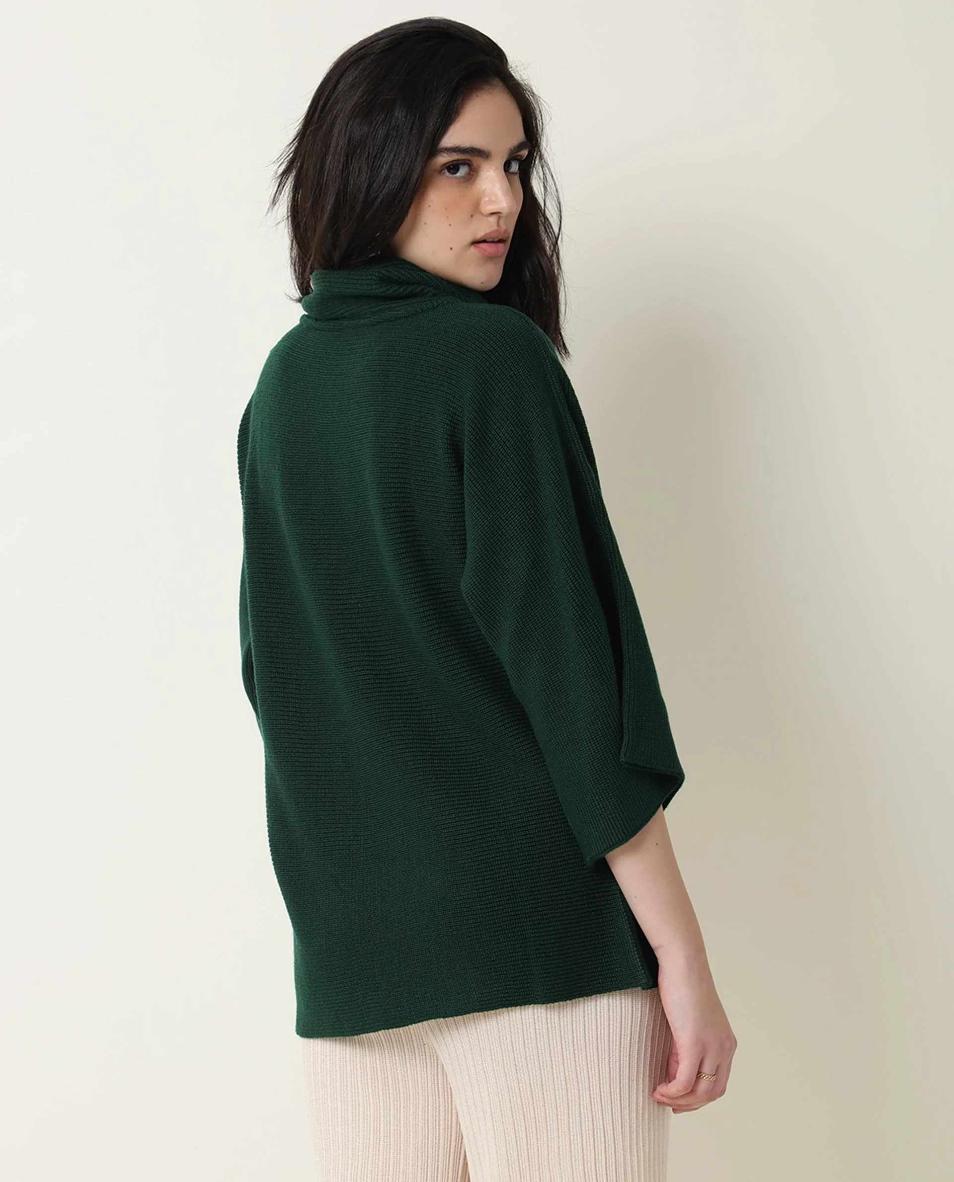 Rareism Women's Sasho Green Acrylic Cowl Neck Plain Relaxed Fit Sweater - Image 3