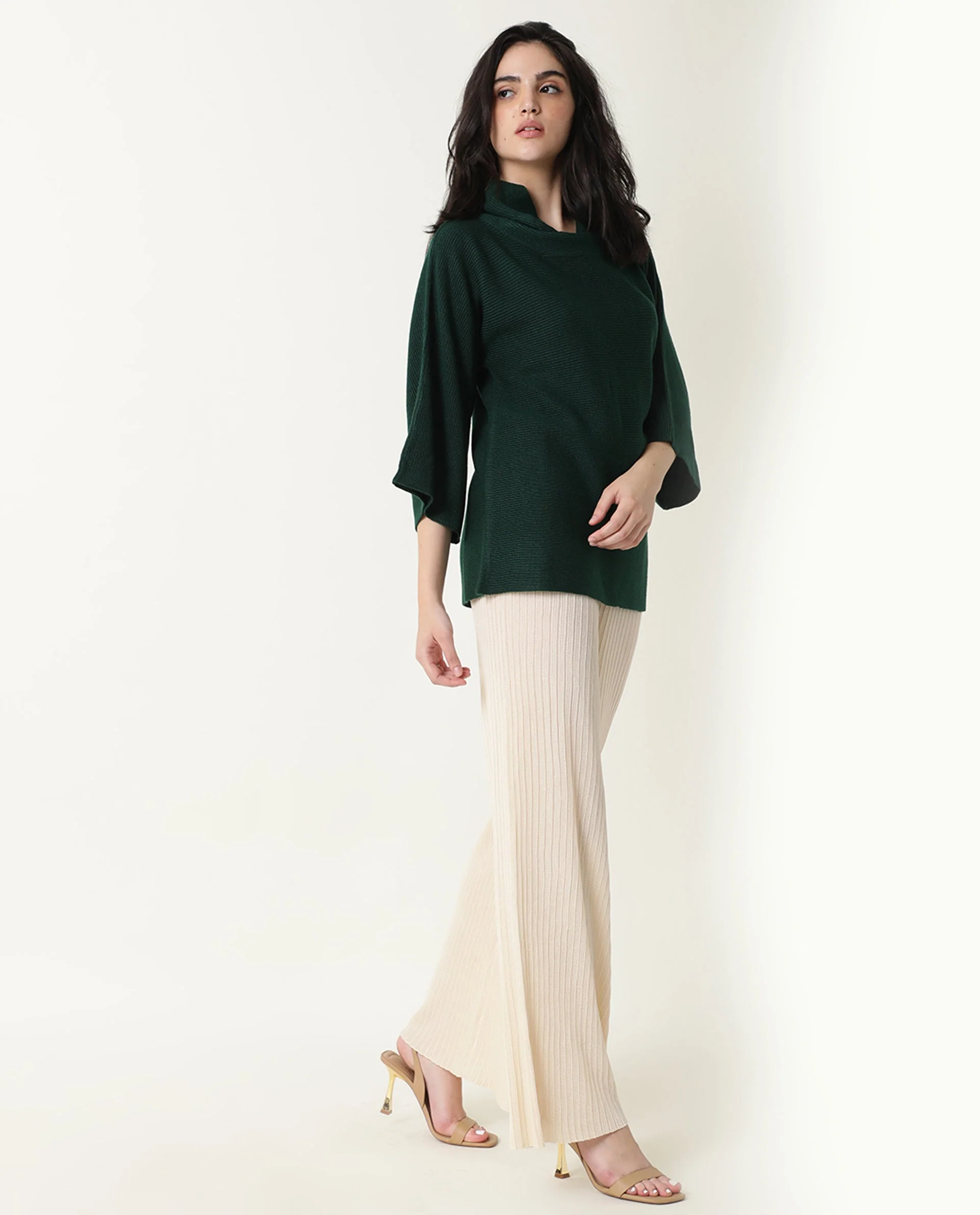 Rareism Women's Sasho Green Acrylic Cowl Neck Plain Relaxed Fit Sweater - Image 4