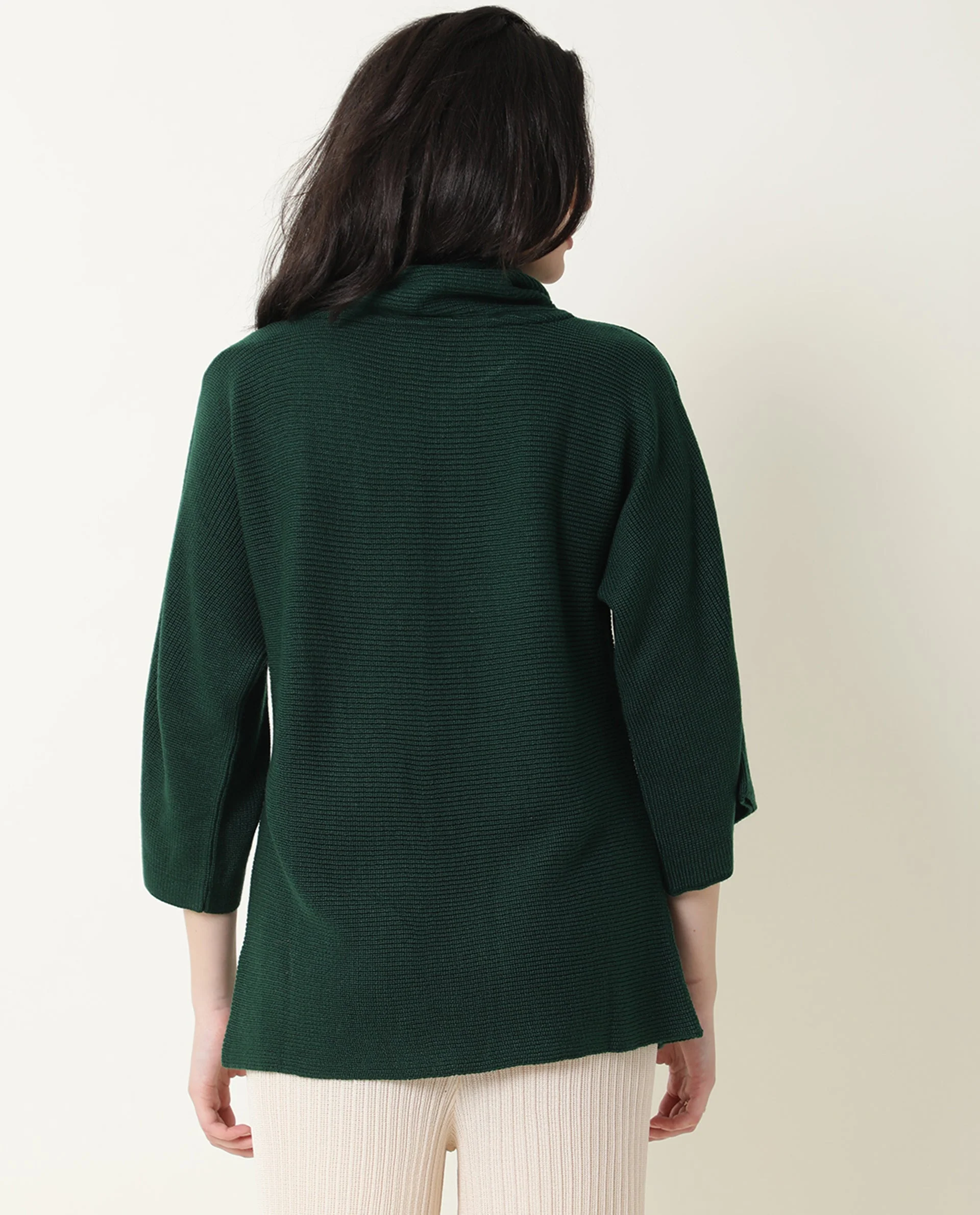 Rareism Women's Sasho Green Acrylic Cowl Neck Plain Relaxed Fit Sweater - Image 5