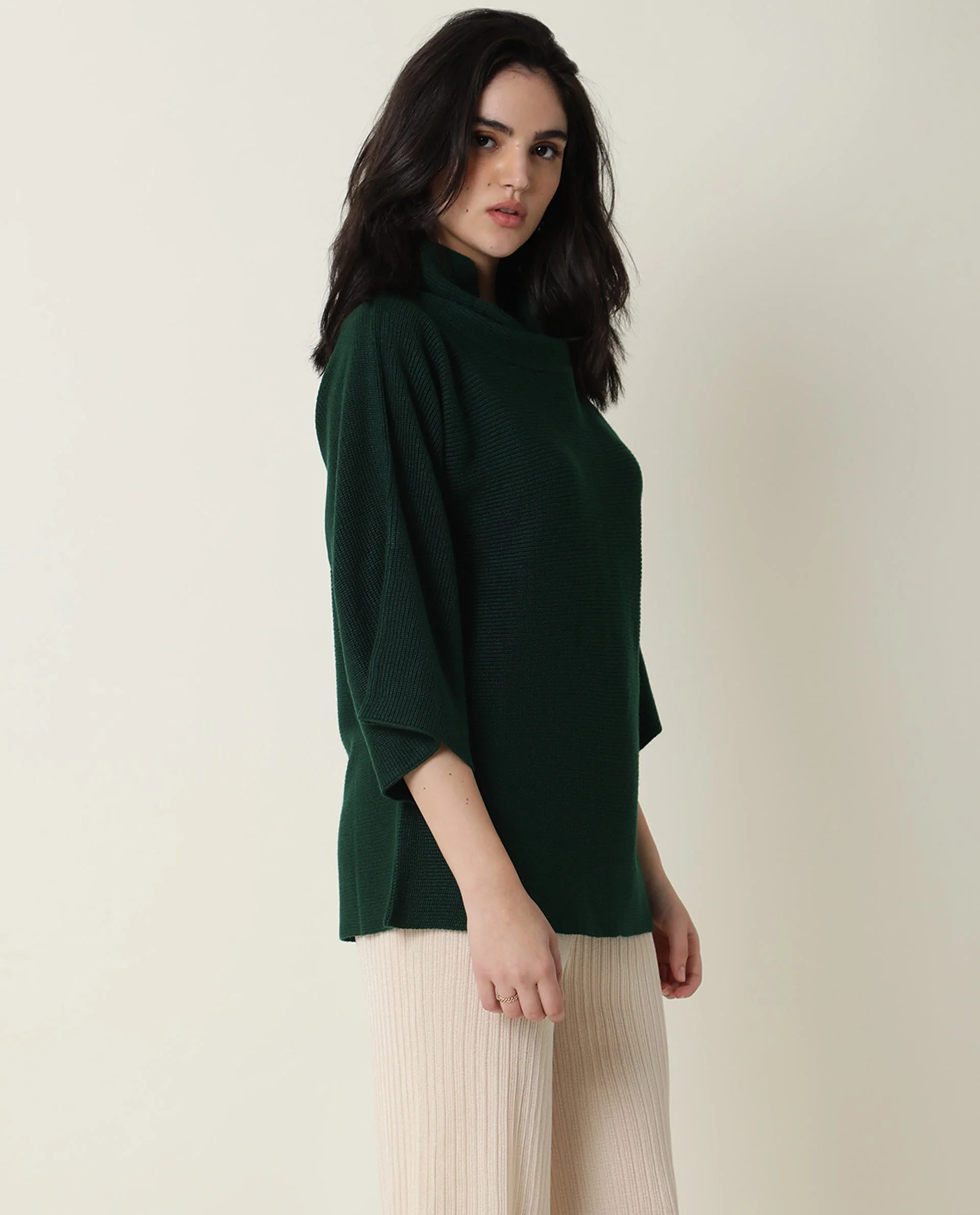 Rareism Women's Sasho Green Acrylic Cowl Neck Plain Relaxed Fit Sweater - Image 6