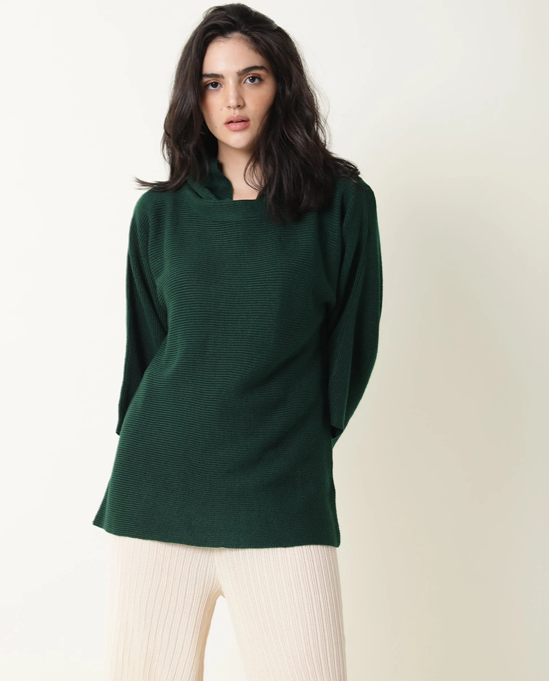 Rareism Women's Sasho Green Acrylic Cowl Neck Plain Relaxed Fit Sweater - Image 7