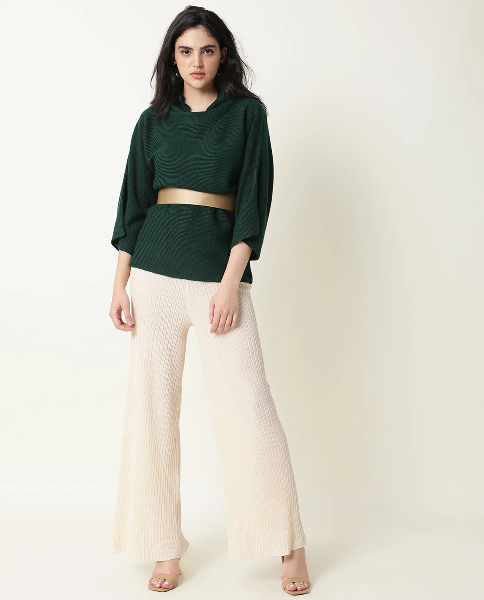 Rareism Women's Sasho Green Acrylic Cowl Neck Plain Relaxed Fit Sweater - Image 8
