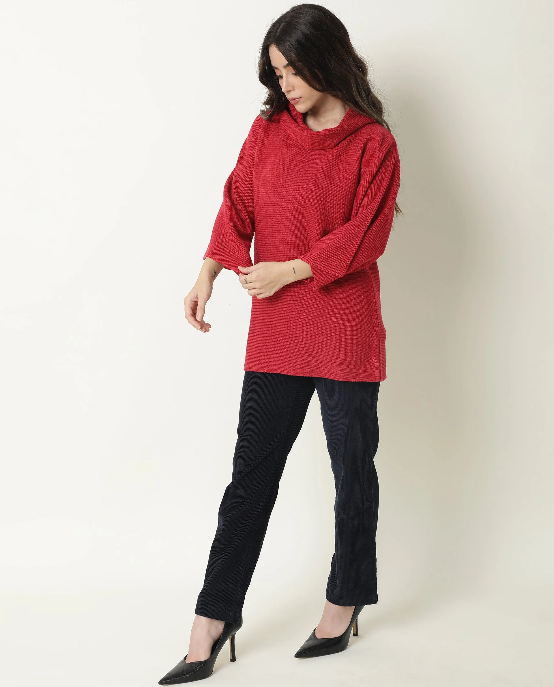 Rareism Women's Sasho Pink Acrylic Cowl Neck Plain Relaxed Fit Sweater - Image 2