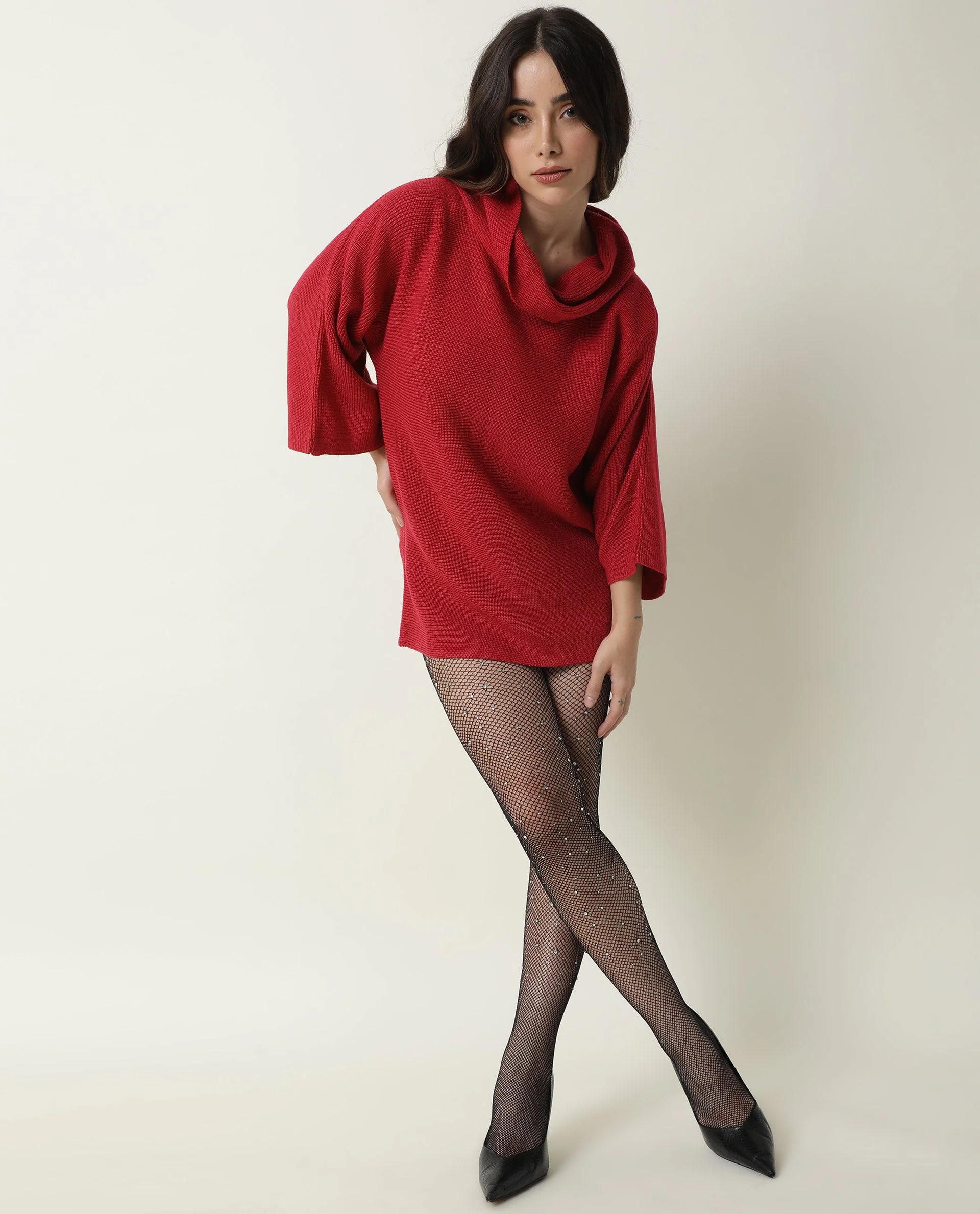 Rareism Women's Sasho Pink Acrylic Cowl Neck Plain Relaxed Fit Sweater - Image 3