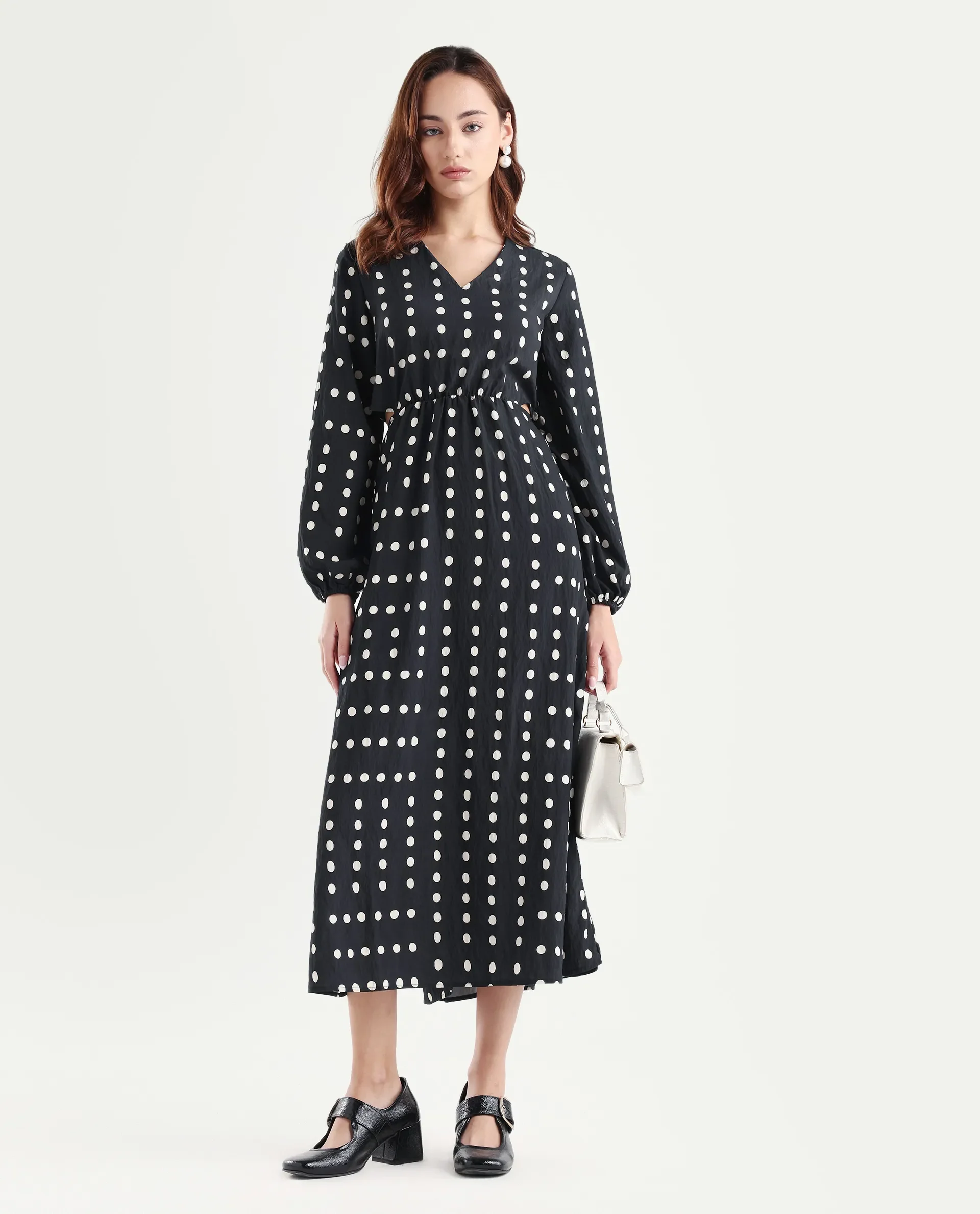 Rareism Women's Sassari Black Nylon Blend V-Neck Polka Print Bishop Sleeve Maxi Regular Fit Dress - Image 2