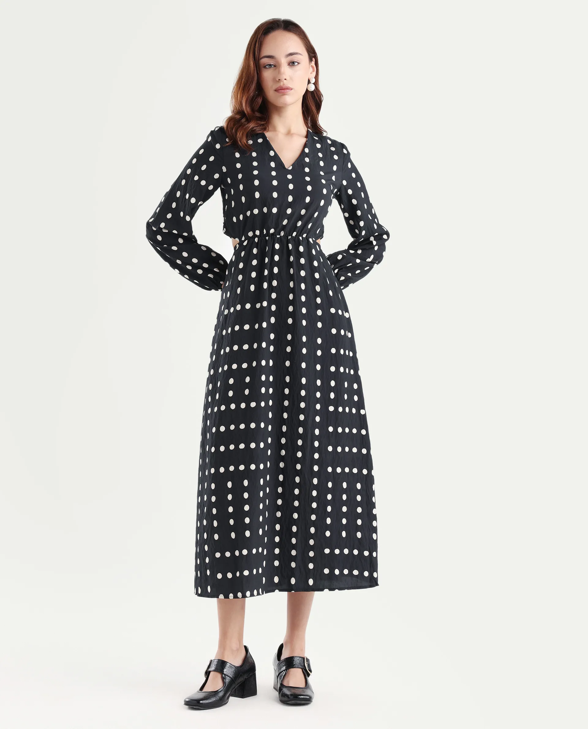 Rareism Women's Sassari Black Nylon Blend V-Neck Polka Print Bishop Sleeve Maxi Regular Fit Dress - Image 3