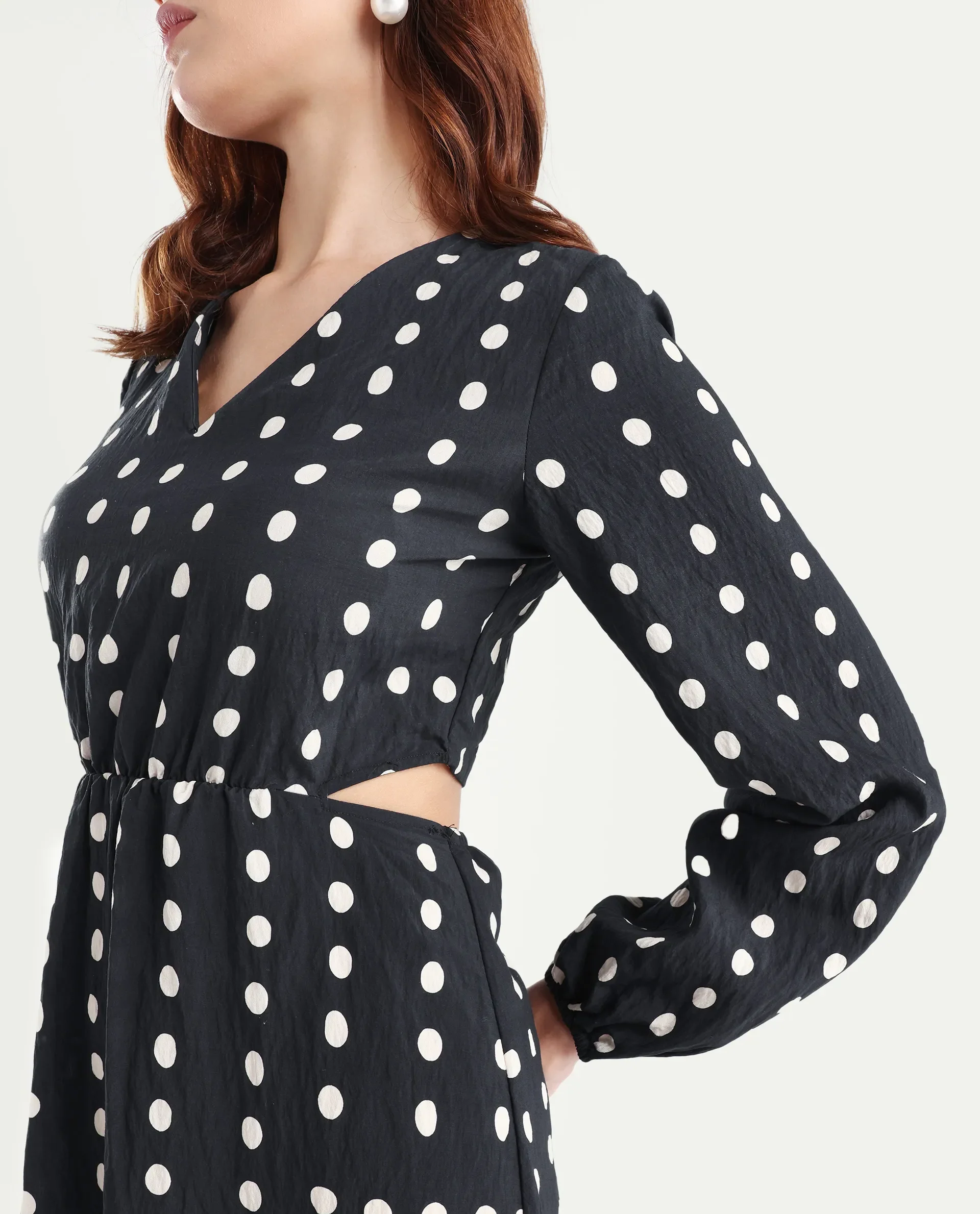 Rareism Women's Sassari Black Nylon Blend V-Neck Polka Print Bishop Sleeve Maxi Regular Fit Dress - Image 4