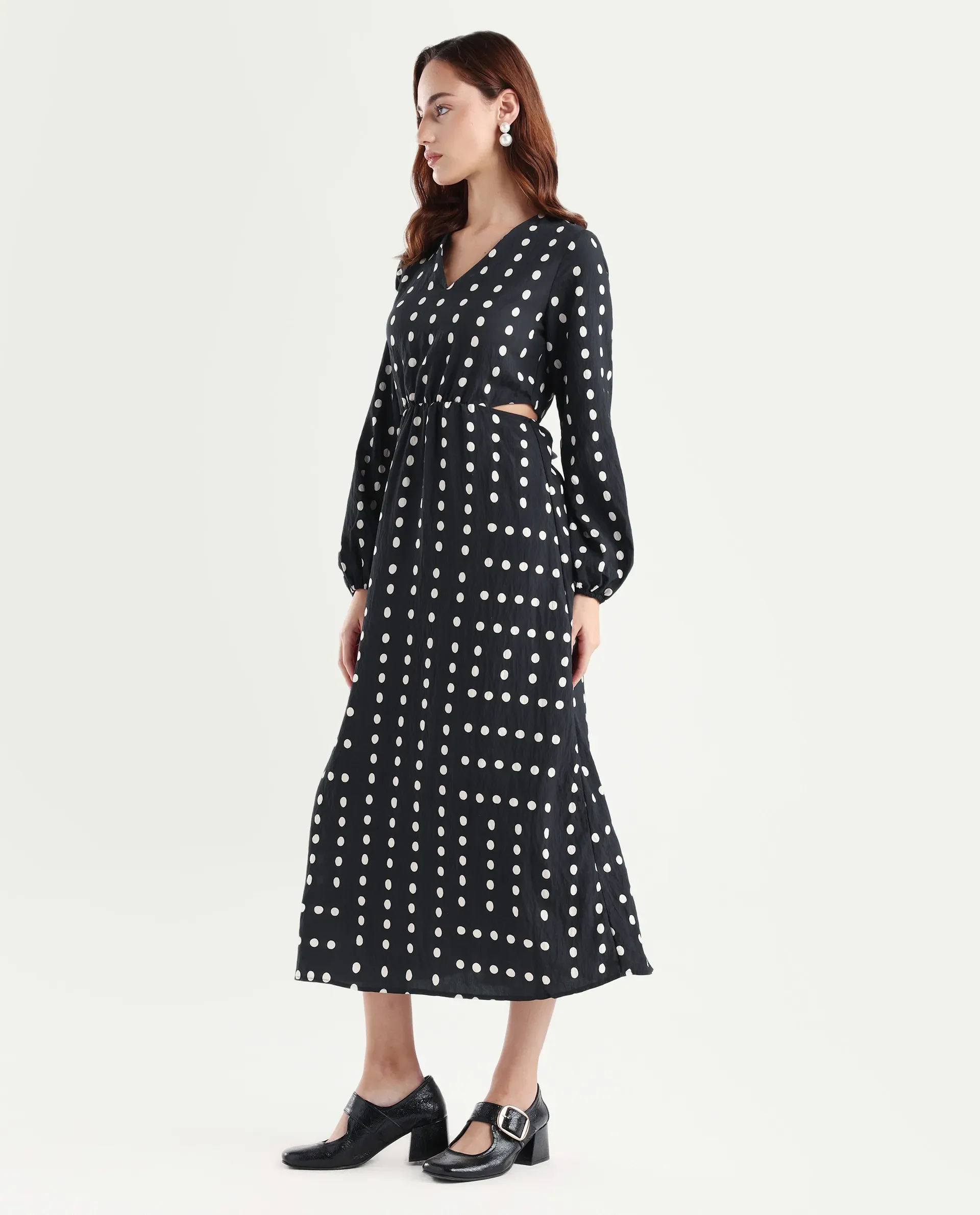 Rareism Women's Sassari Black Nylon Blend V-Neck Polka Print Bishop Sleeve Maxi Regular Fit Dress - Image 5