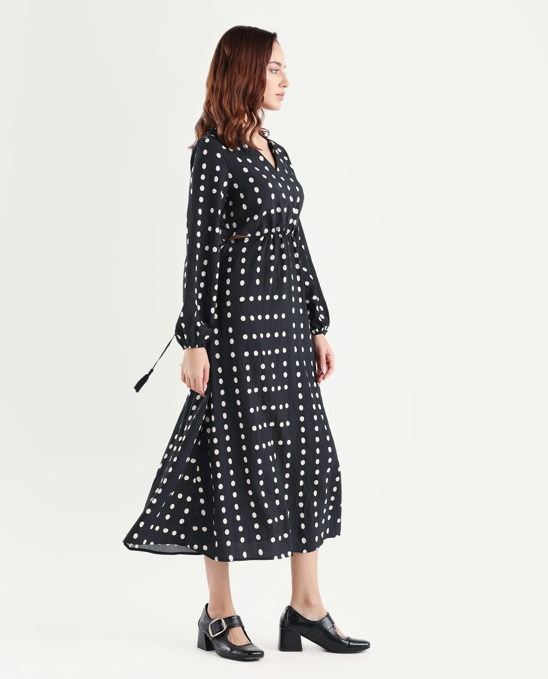 Rareism Women's Sassari Black Nylon Blend V-Neck Polka Print Bishop Sleeve Maxi Regular Fit Dress - Image 6