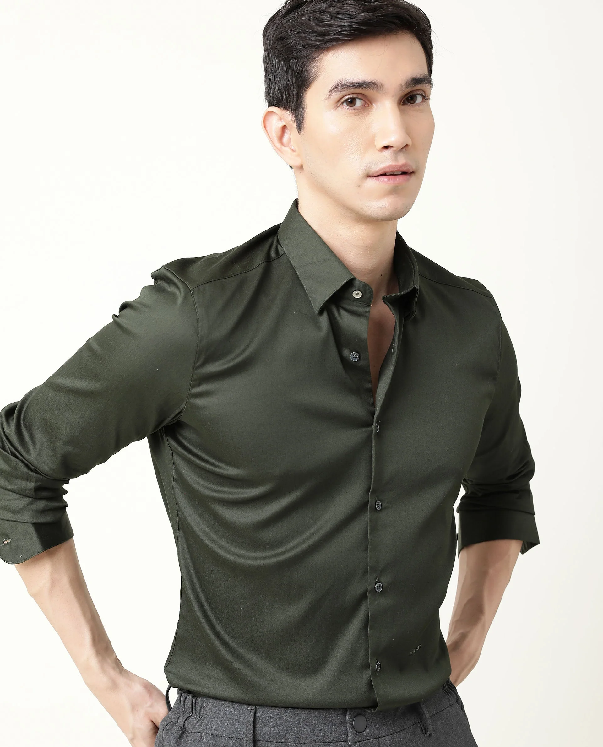 Rare Rabbit Men's Satin Green Plain Regular Fit Full Sleeve Spread Collar Shirt - Image 2