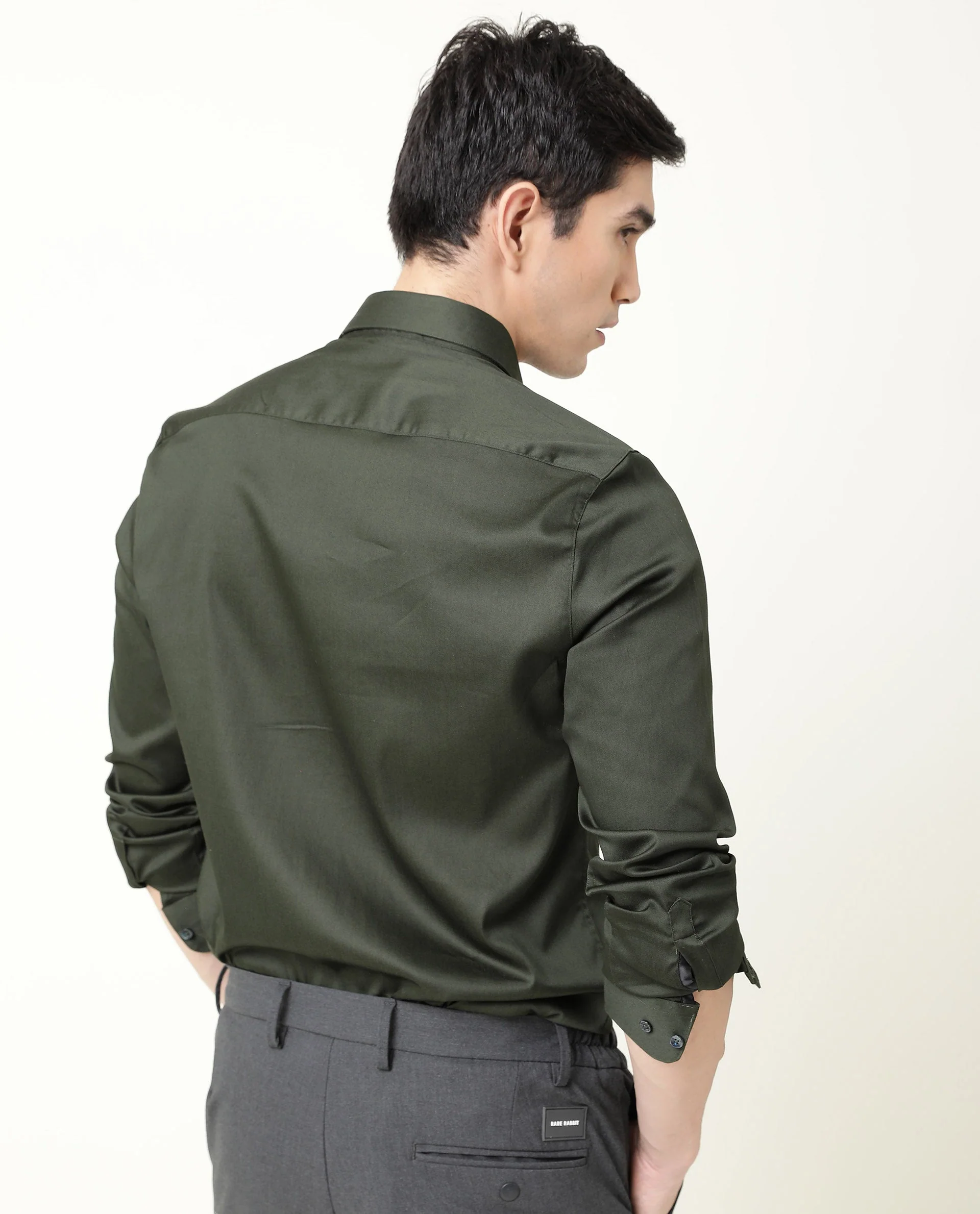 Rare Rabbit Men's Satin Green Plain Regular Fit Full Sleeve Spread Collar Shirt - Image 4