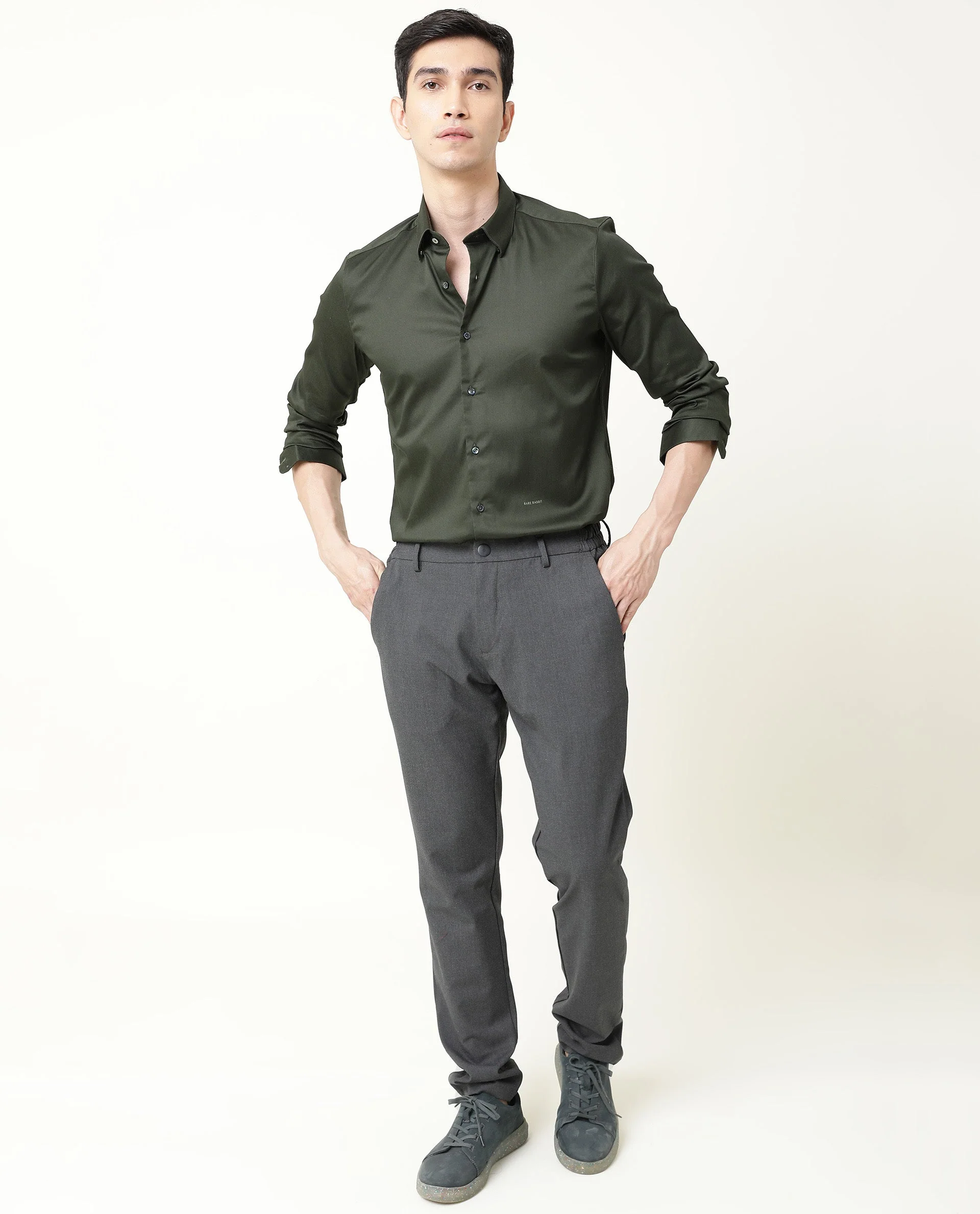 Rare Rabbit Men's Satin Green Plain Regular Fit Full Sleeve Spread Collar Shirt - Image 5