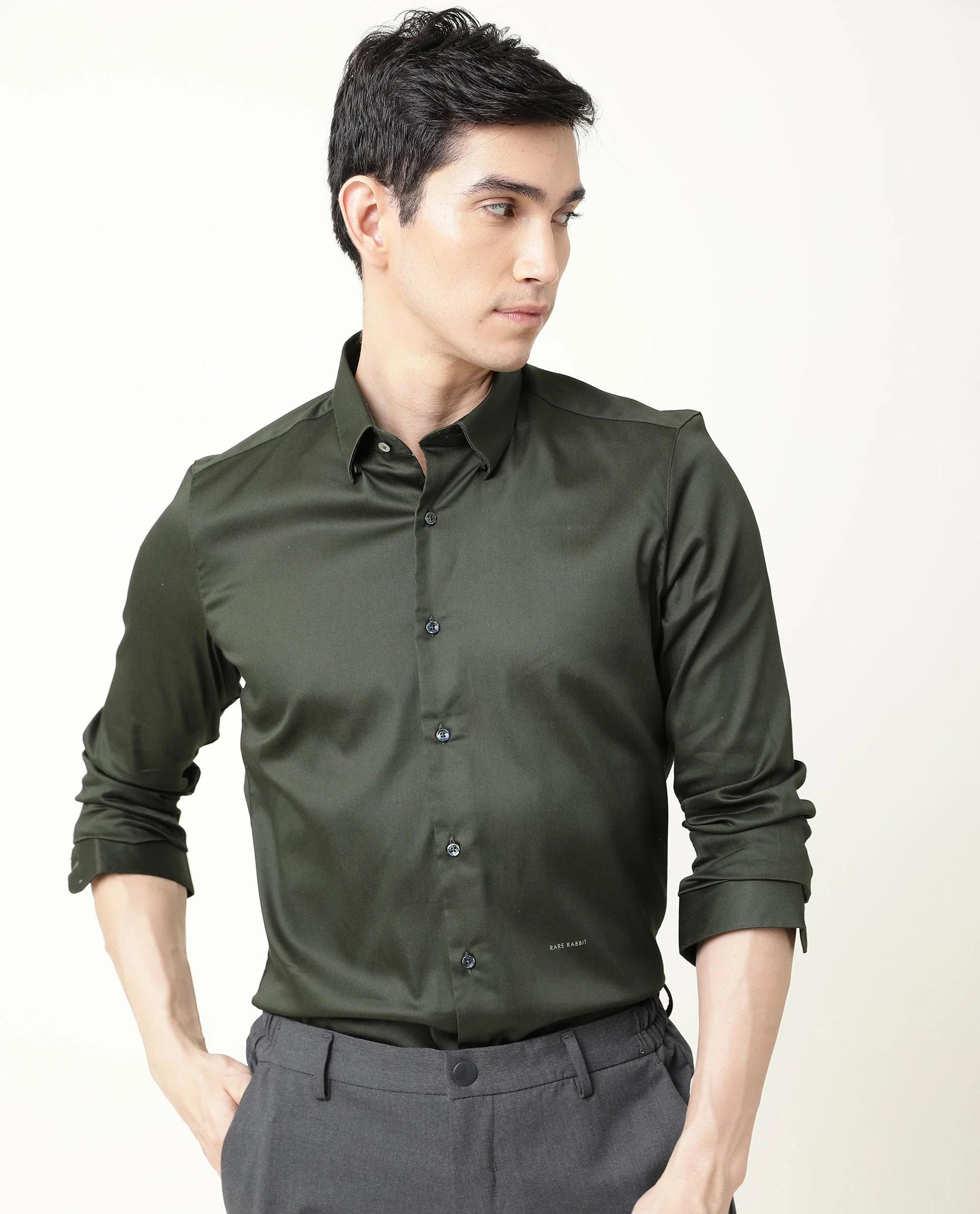 Rare Rabbit Men's Satin Green Plain Regular Fit Full Sleeve Spread Collar Shirt - Image 7