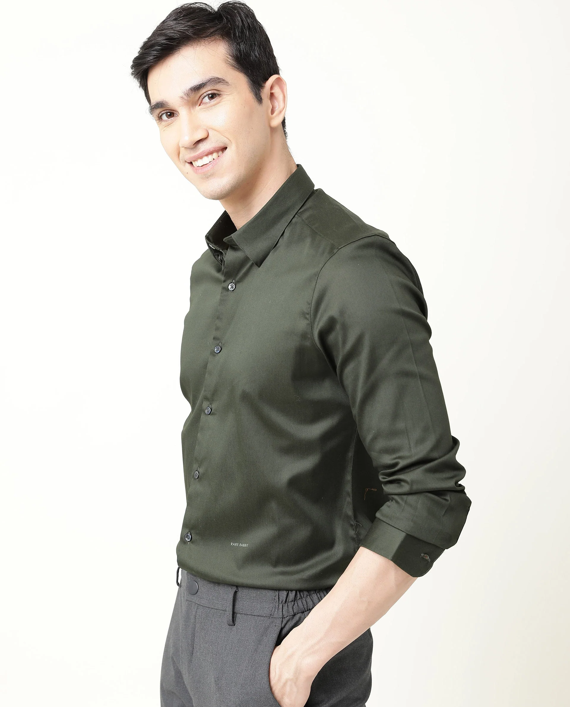 Rare Rabbit Men's Satin Green Plain Regular Fit Full Sleeve Spread Collar Shirt - Image 8