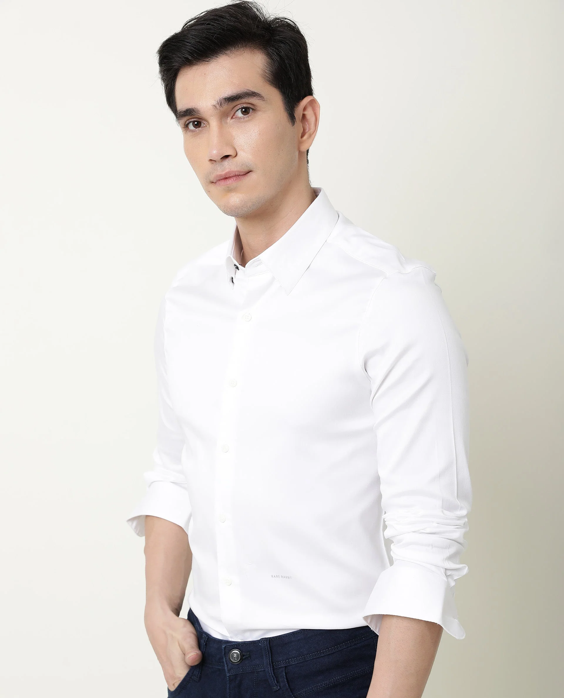 Rare Rabbit Men's Satin White Cotton Plain Regular Fit Full Sleeve Spread Collar Shirt - Image 3