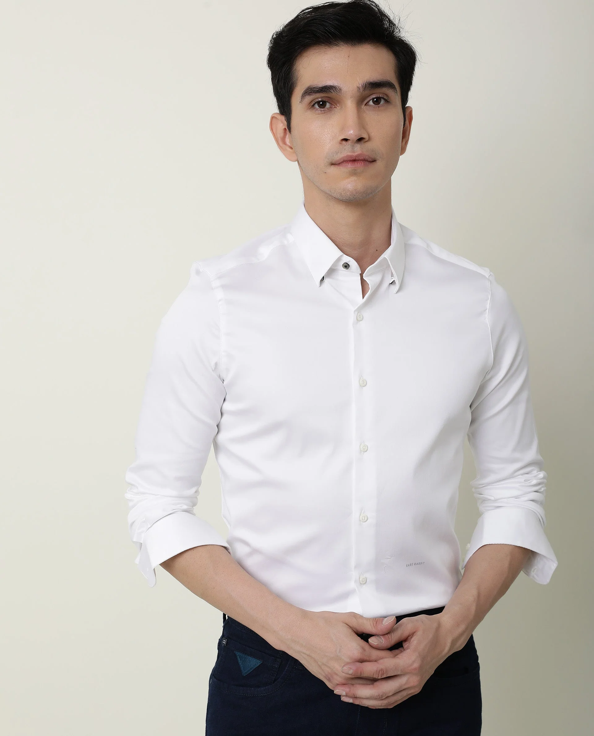 Rare Rabbit Men's Satin White Cotton Plain Regular Fit Full Sleeve Spread Collar Shirt - Image 4