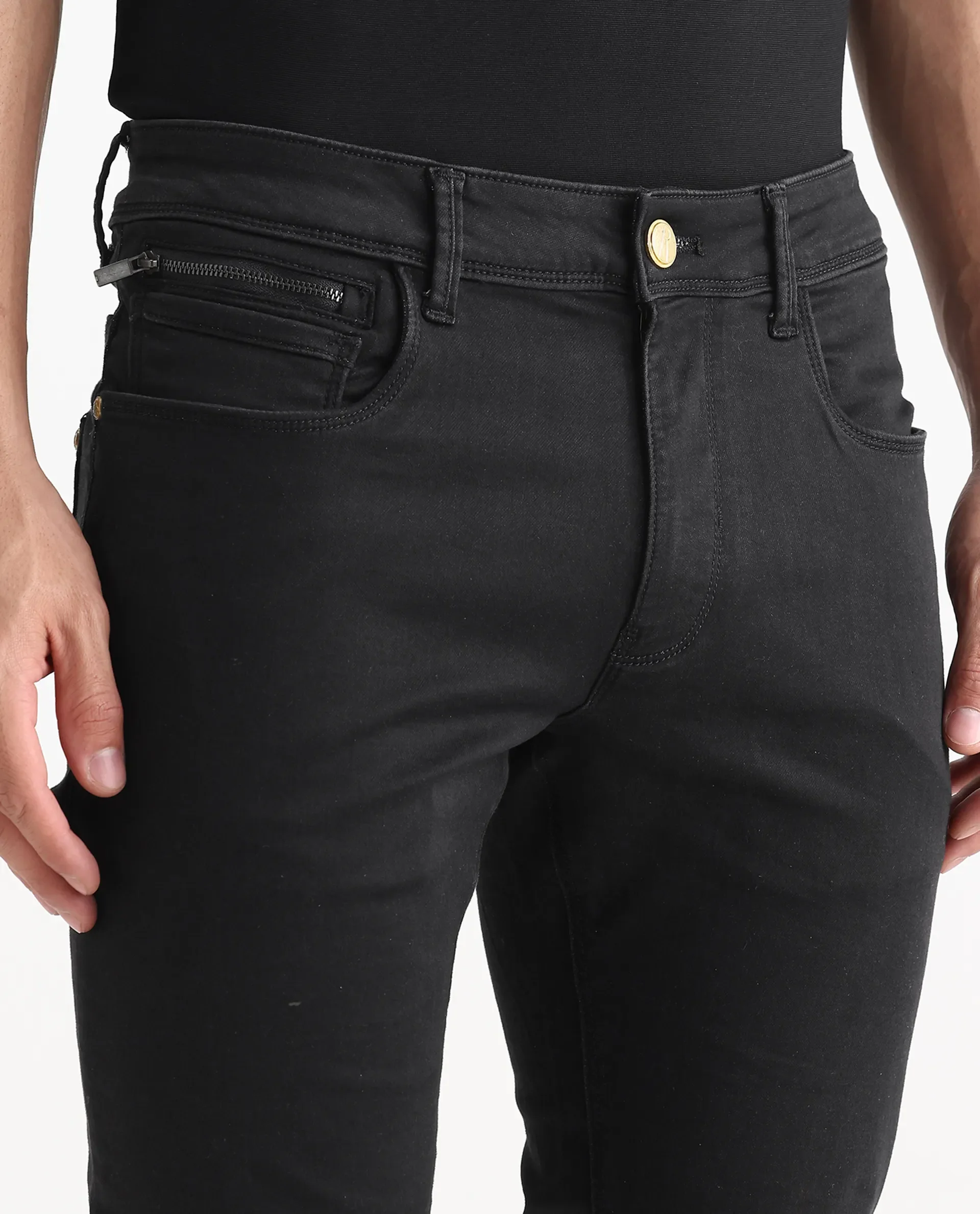 Rare Rabbit Men's Satinx Black Cotton Plain Hawk Slim Fit Jeans - Image 3