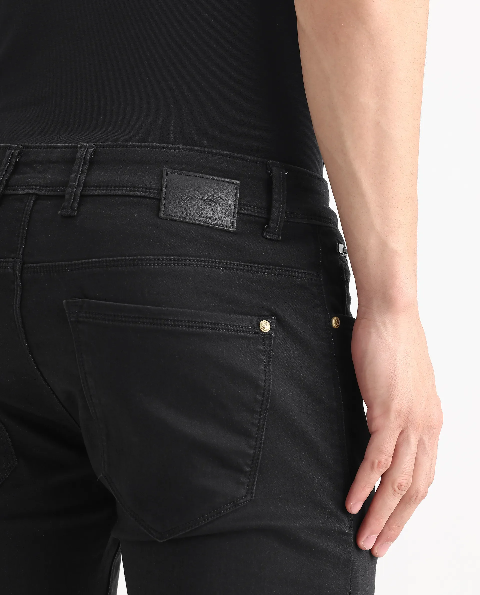 Rare Rabbit Men's Satinx Black Cotton Plain Hawk Slim Fit Jeans - Image 6