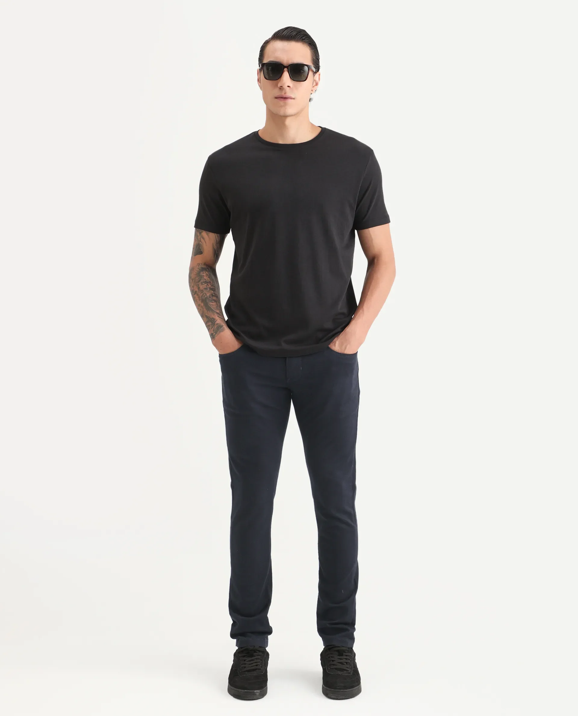 Rare Rabbit Men's Satinx Navy Cotton Plain Hawk Slim Fit Jeans