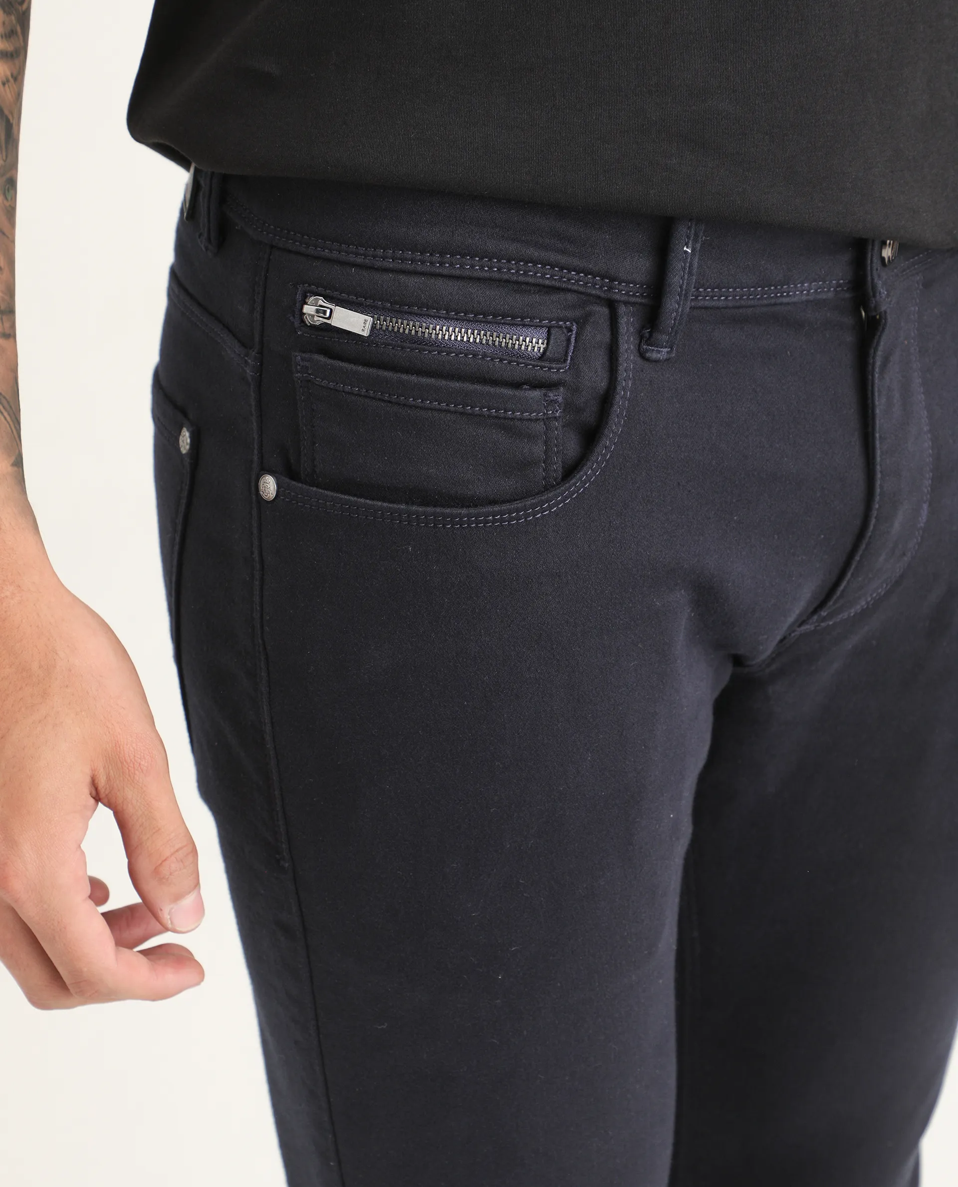 Rare Rabbit Men's Satinx Navy Cotton Plain Hawk Slim Fit Jeans - Image 3