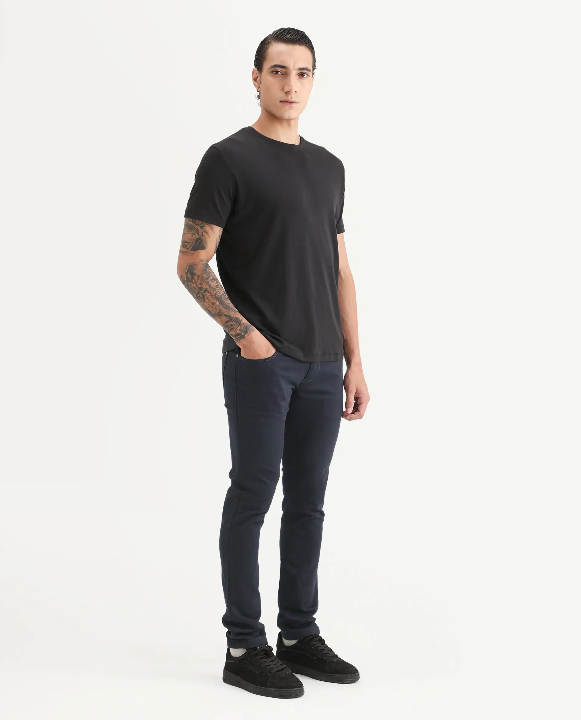 Rare Rabbit Men's Satinx Navy Cotton Plain Hawk Slim Fit Jeans - Image 5