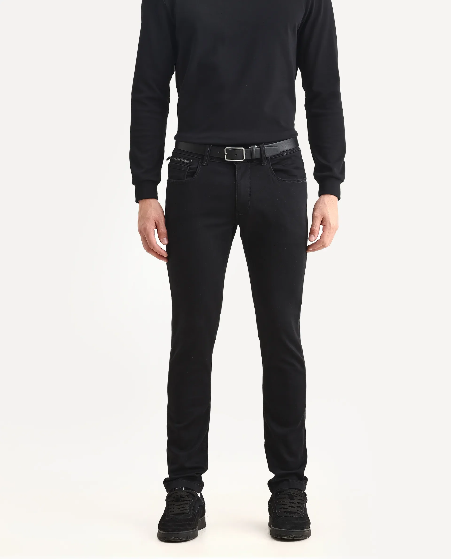 Rare Rabbit Men's Satinx S Black Cotton Plain Hawk Slim Fit Jeans - Image 2