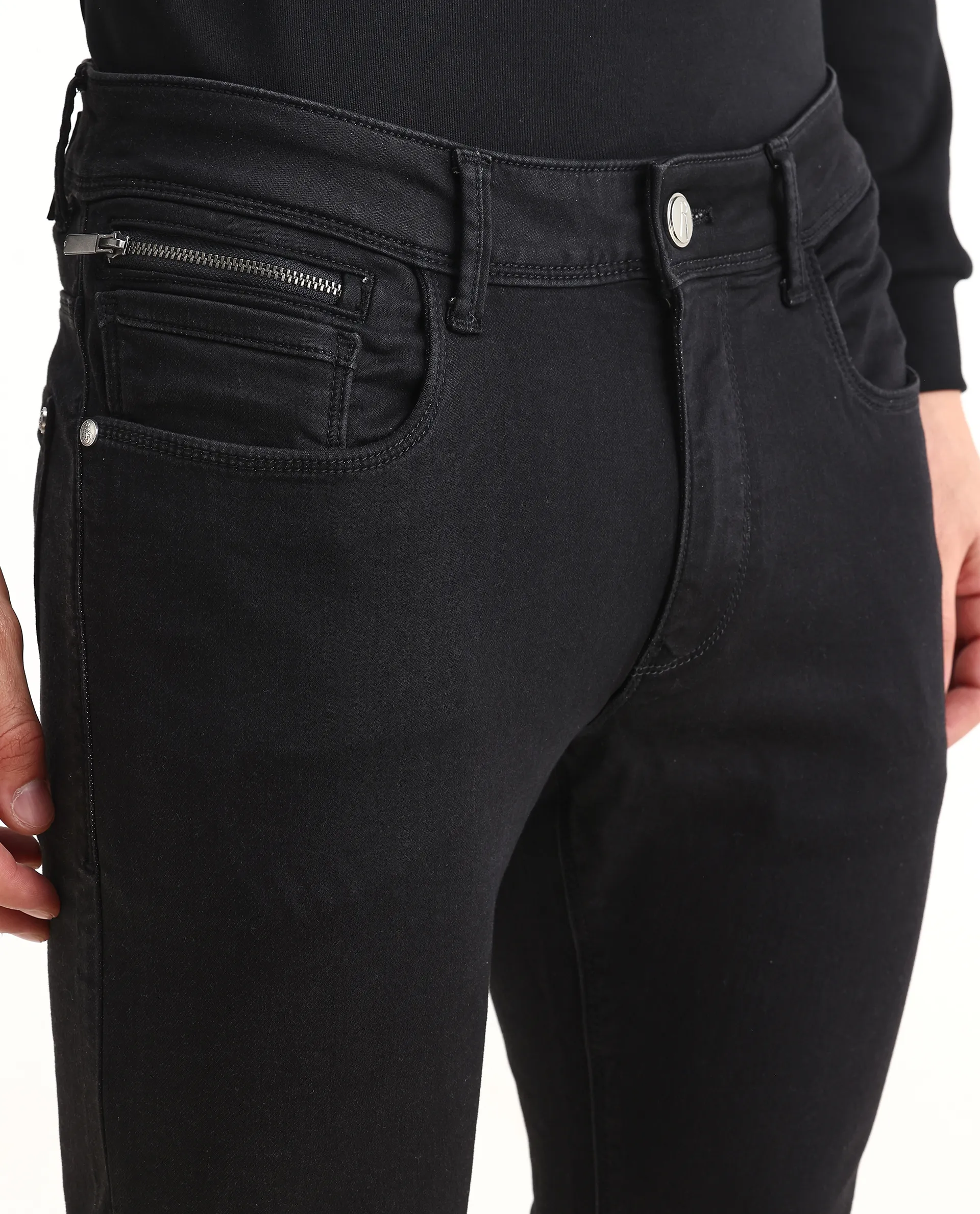 Rare Rabbit Men's Satinx S Black Cotton Plain Hawk Slim Fit Jeans - Image 3