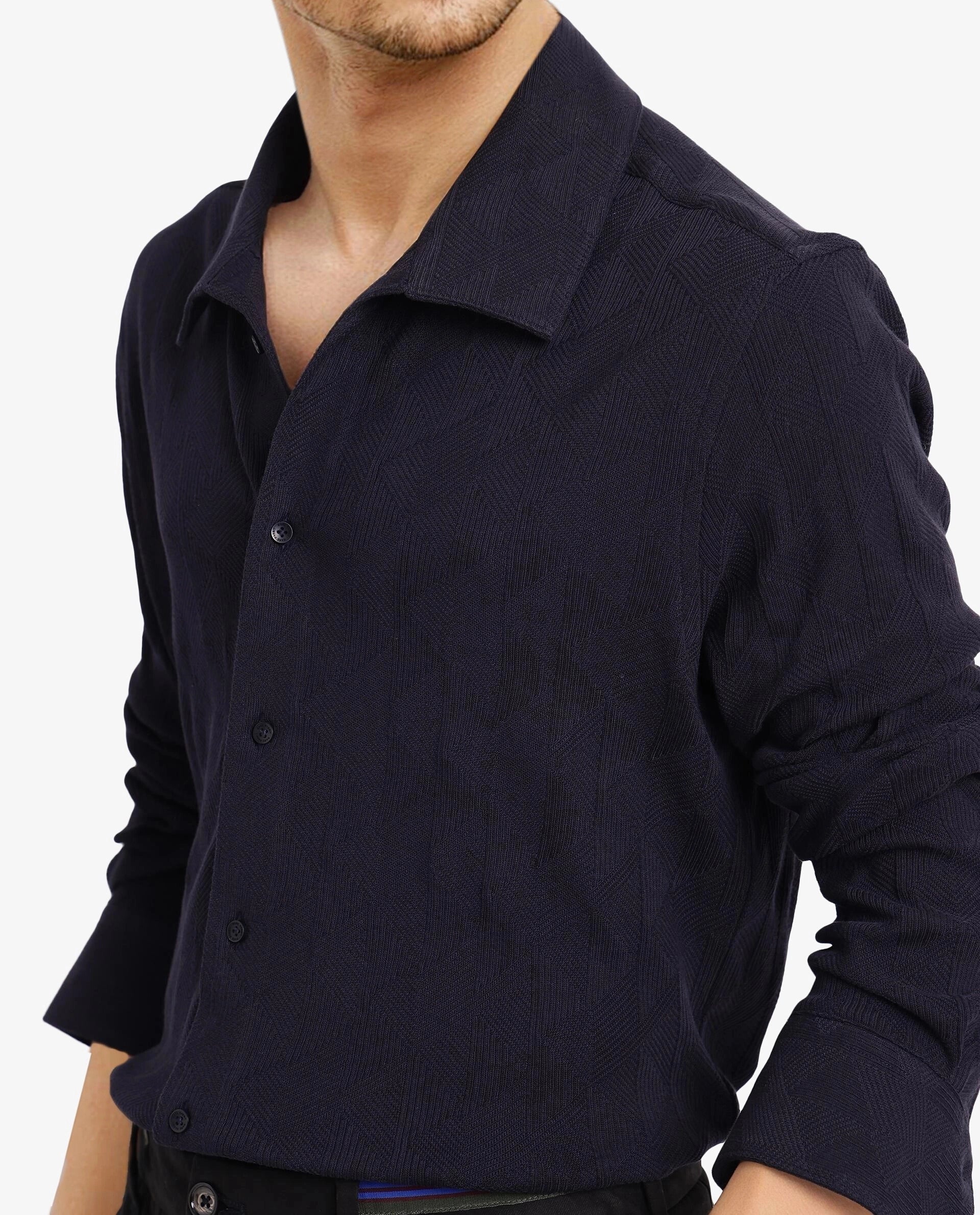 Rare Rabbit Men's Sation Navy Cotton Jacquard Regular Fit Full Sleeve Collared Shirt - Image 3