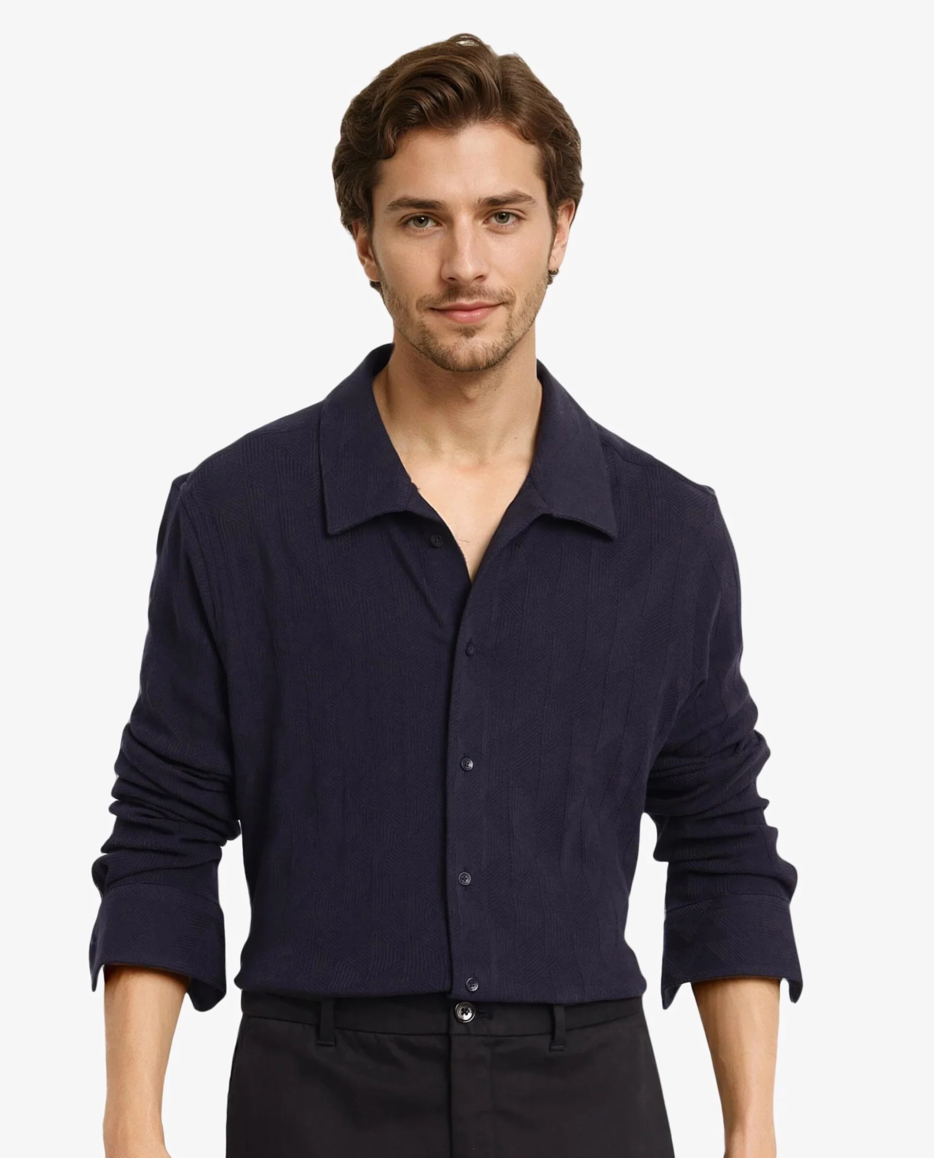 Rare Rabbit Men's Sation Navy Cotton Jacquard Regular Fit Full Sleeve Collared Shirt - Image 5