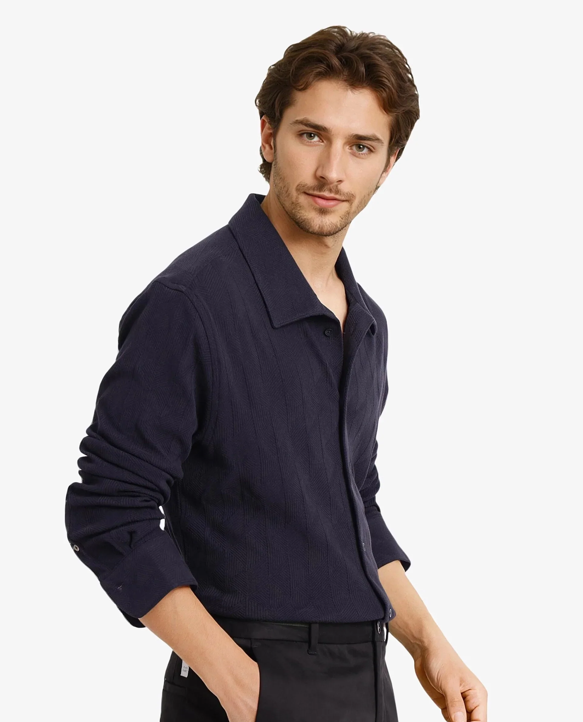 Rare Rabbit Men's Sation Navy Cotton Jacquard Regular Fit Full Sleeve Collared Shirt - Image 7