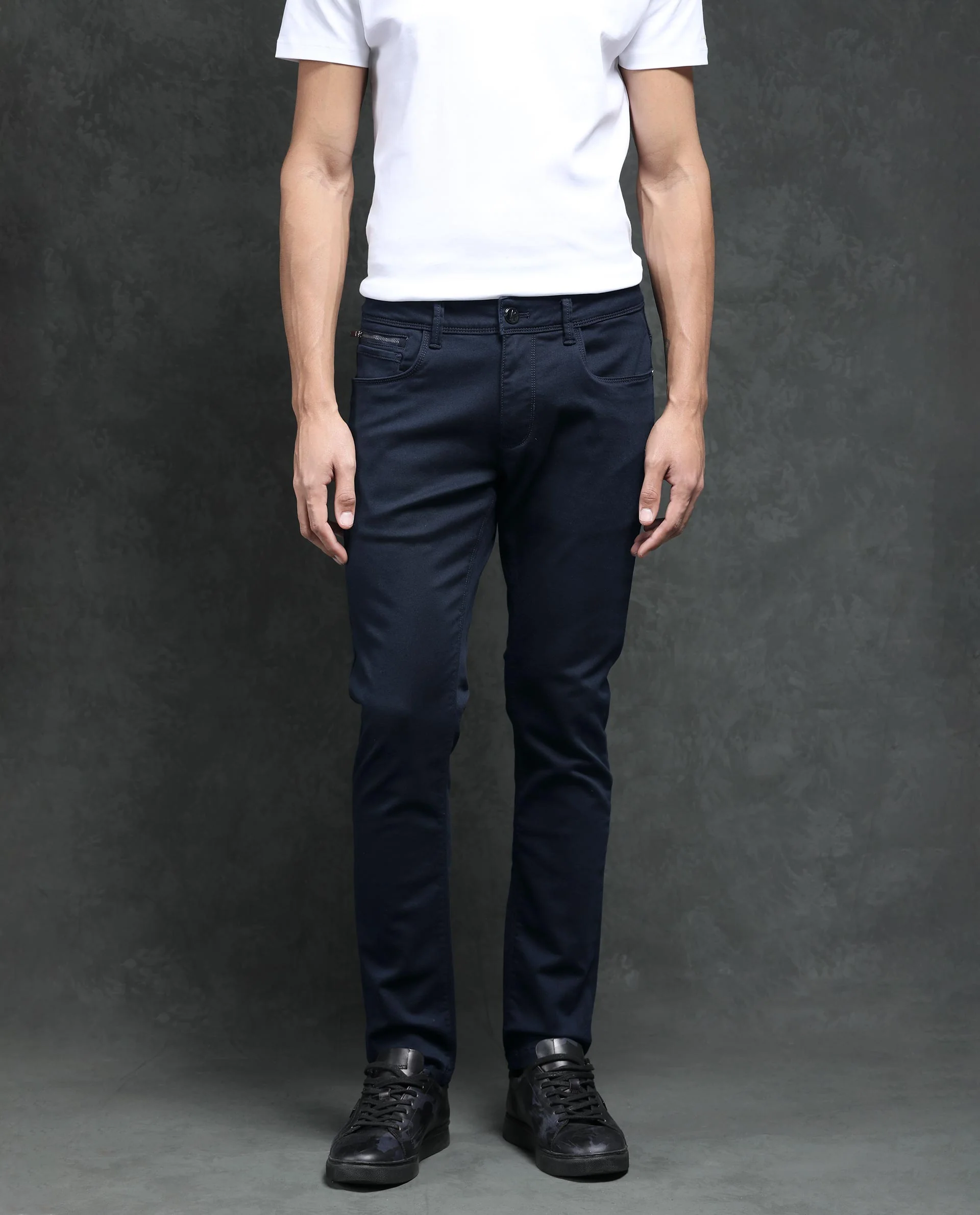 Rare Rabbit Men's Saton Navy Cotton Plain Hawk Slim Fit Jeans