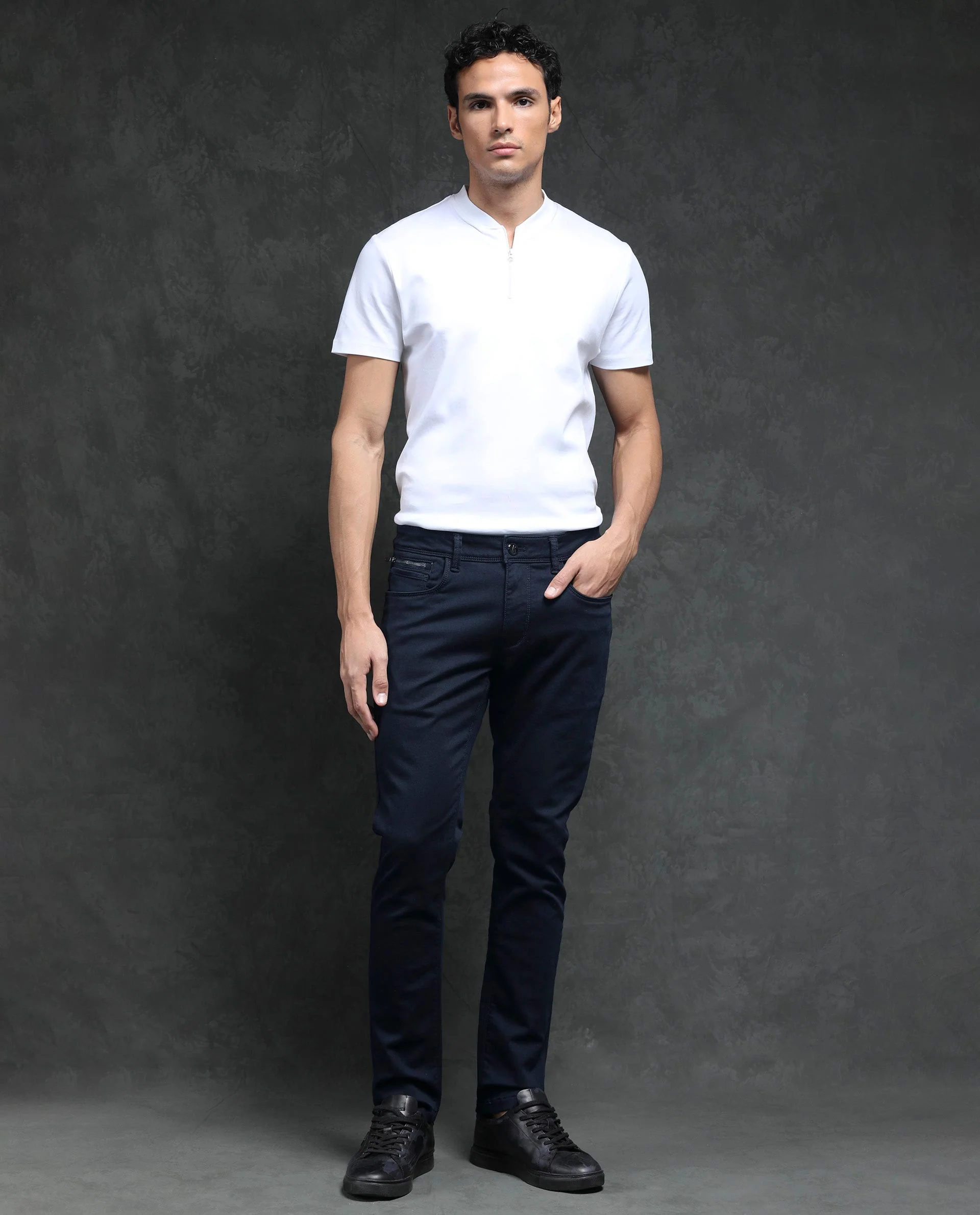 Rare Rabbit Men's Saton Navy Cotton Plain Hawk Slim Fit Jeans - Image 2