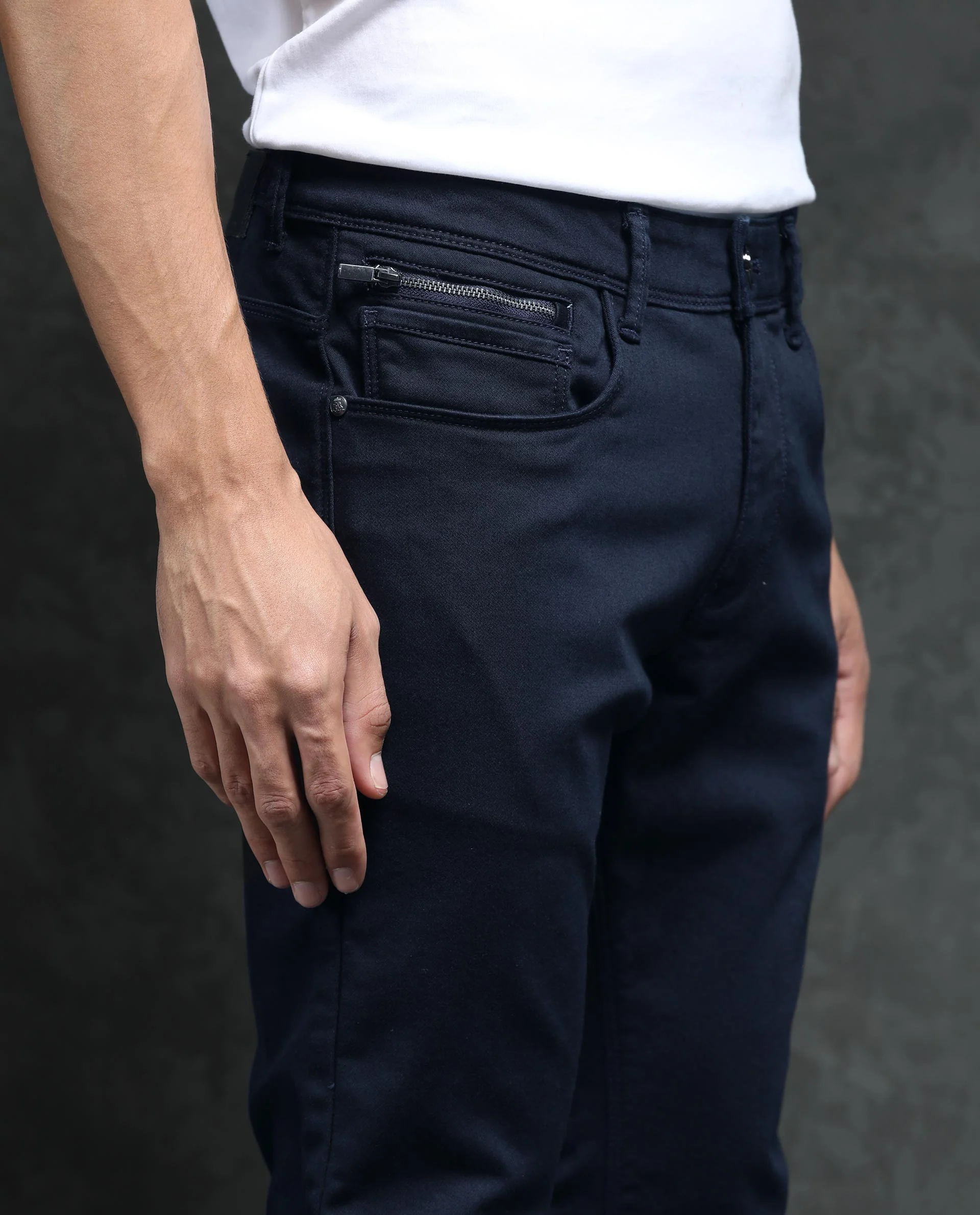Rare Rabbit Men's Saton Navy Cotton Plain Hawk Slim Fit Jeans - Image 3