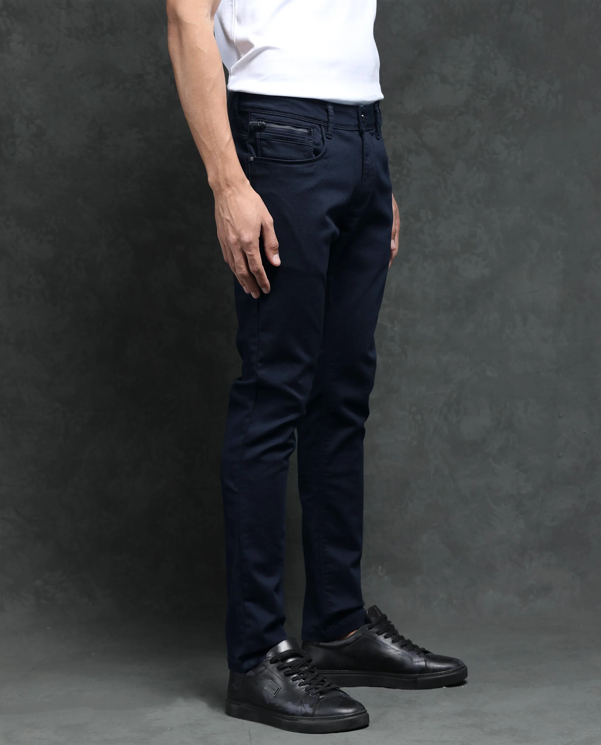 Rare Rabbit Men's Saton Navy Cotton Plain Hawk Slim Fit Jeans - Image 4