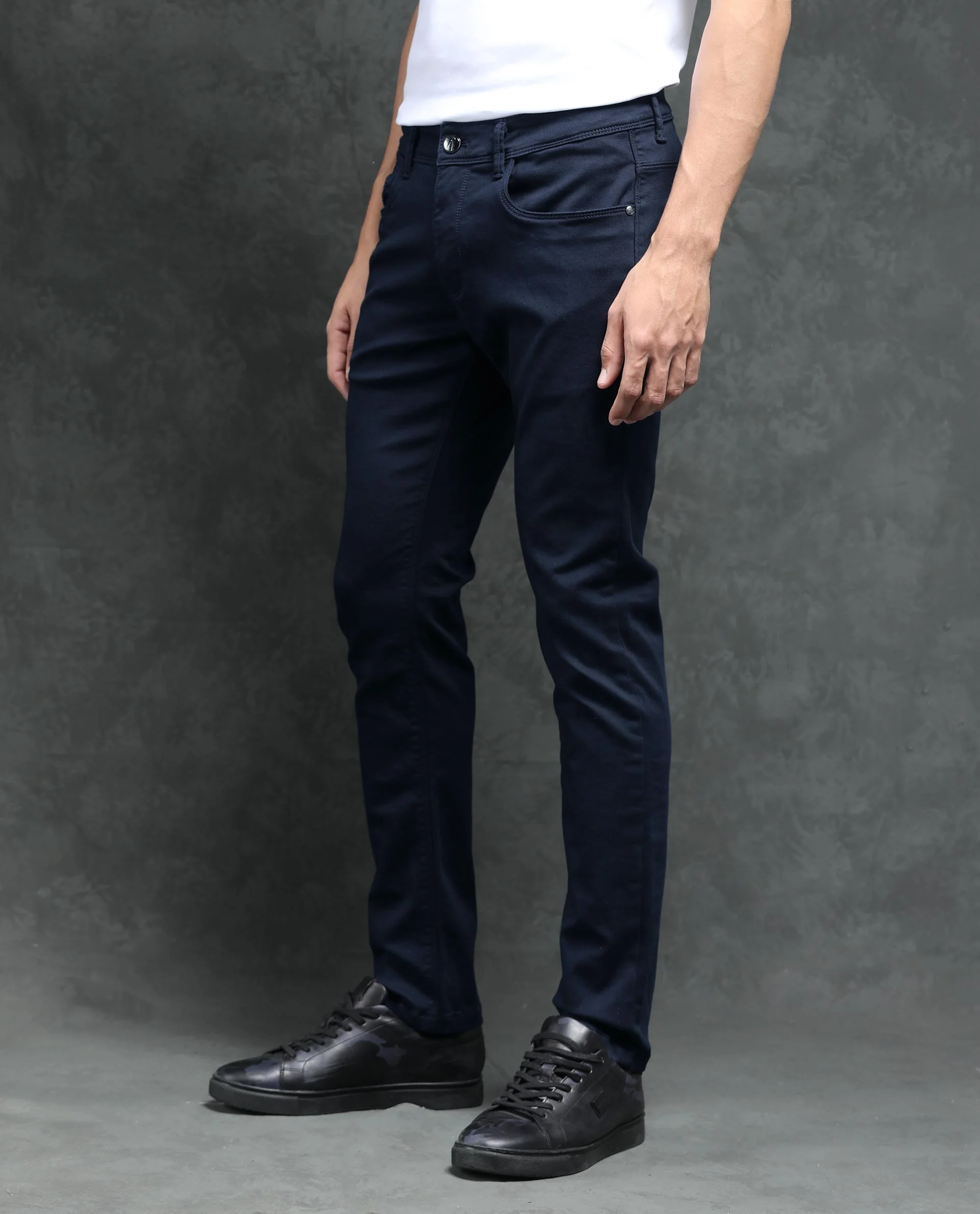 Rare Rabbit Men's Saton Navy Cotton Plain Hawk Slim Fit Jeans - Image 6