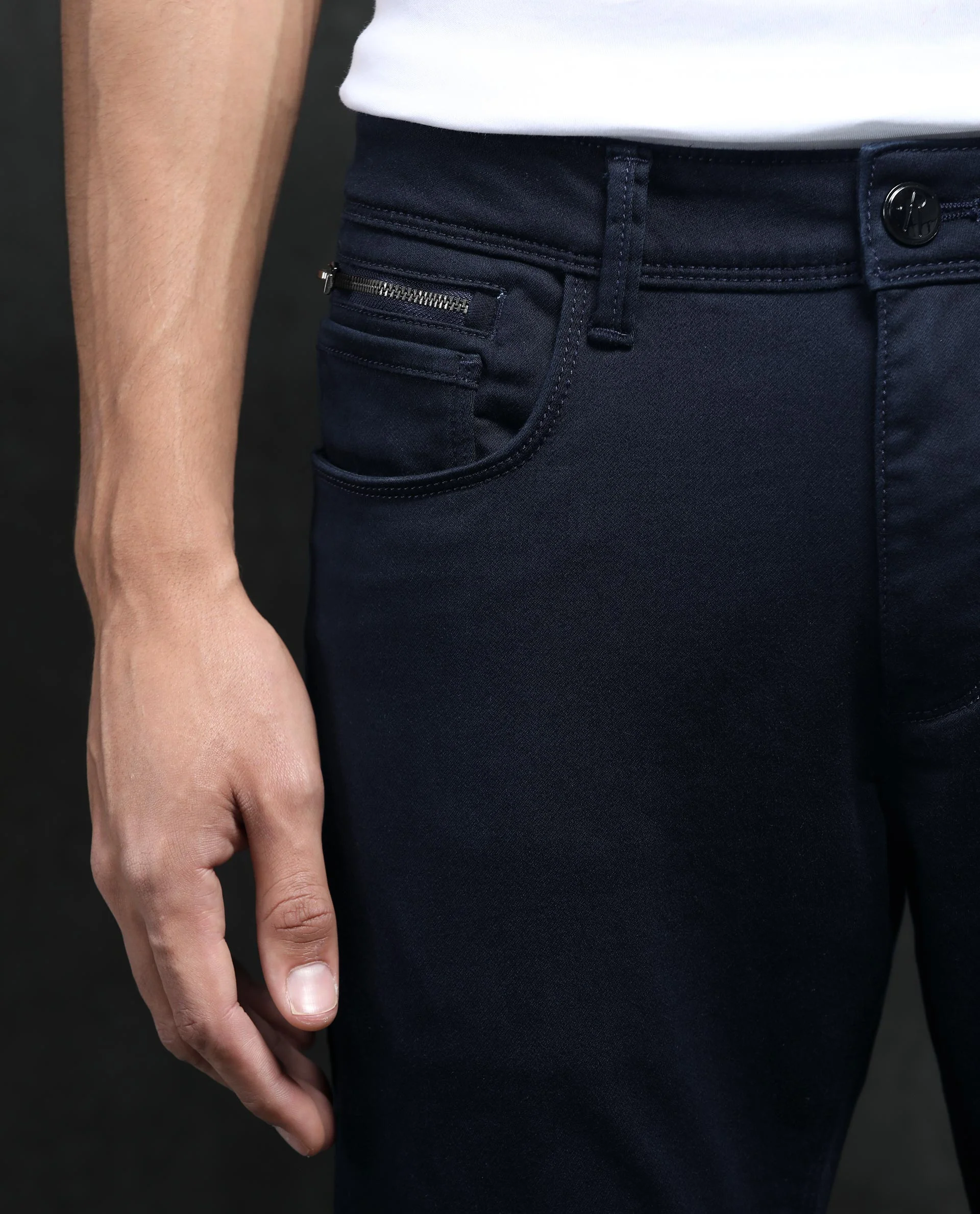 Rare Rabbit Men's Saton Navy Cotton Plain Hawk Slim Fit Jeans - Image 7