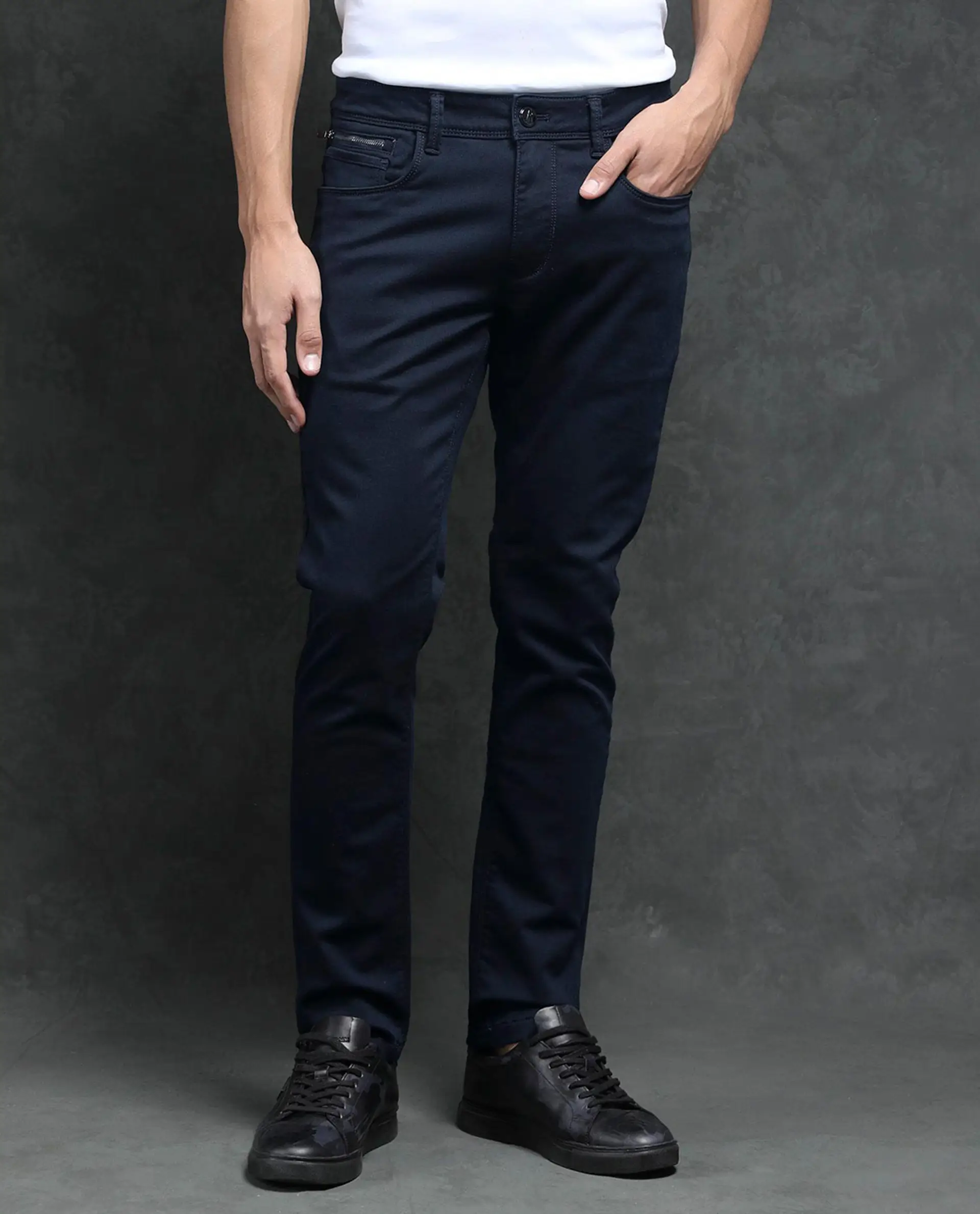 Rare Rabbit Men's Saton Navy Cotton Plain Hawk Slim Fit Jeans - Image 9